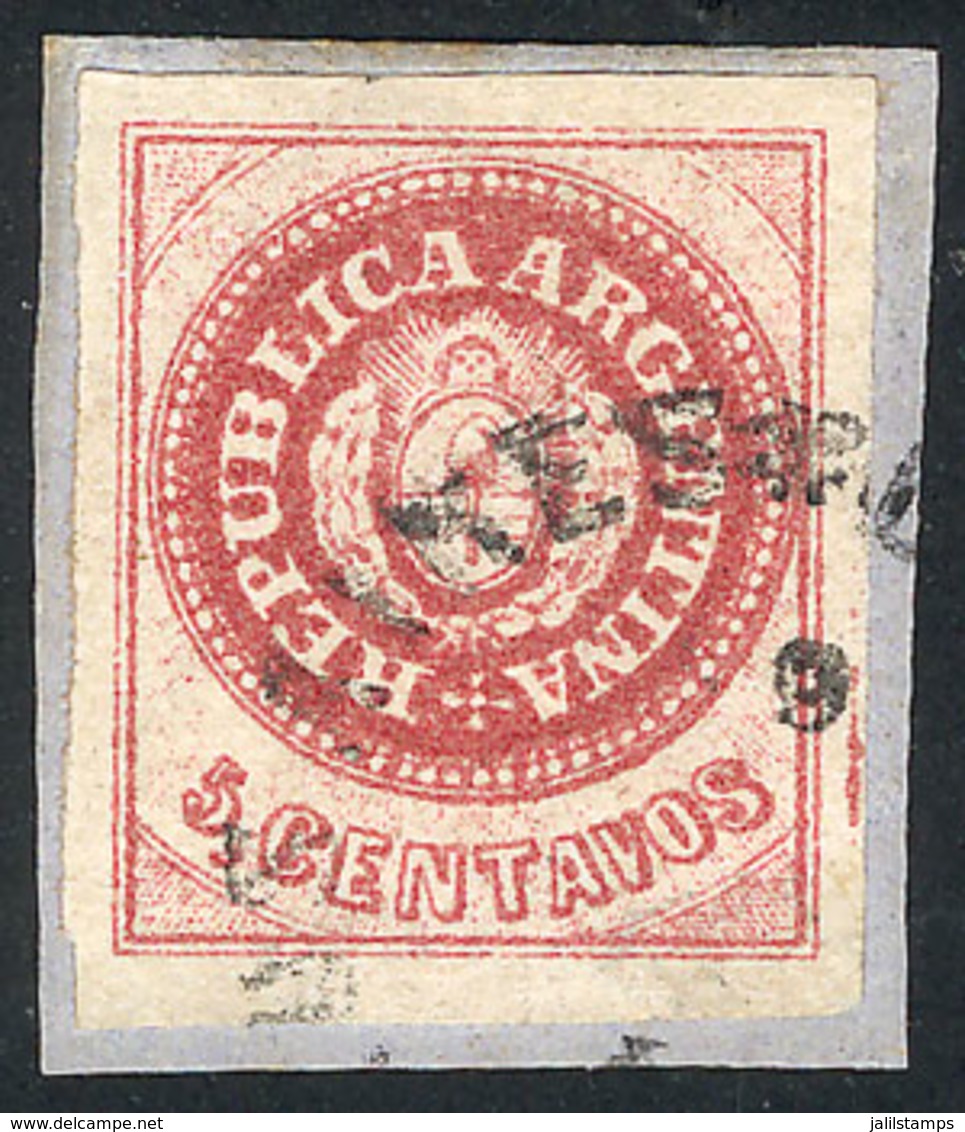 ARGENTINA: GJ.12, 5c. Semi-worn Plate, Carmine-rose, On Fragment, Superb! - Unused Stamps