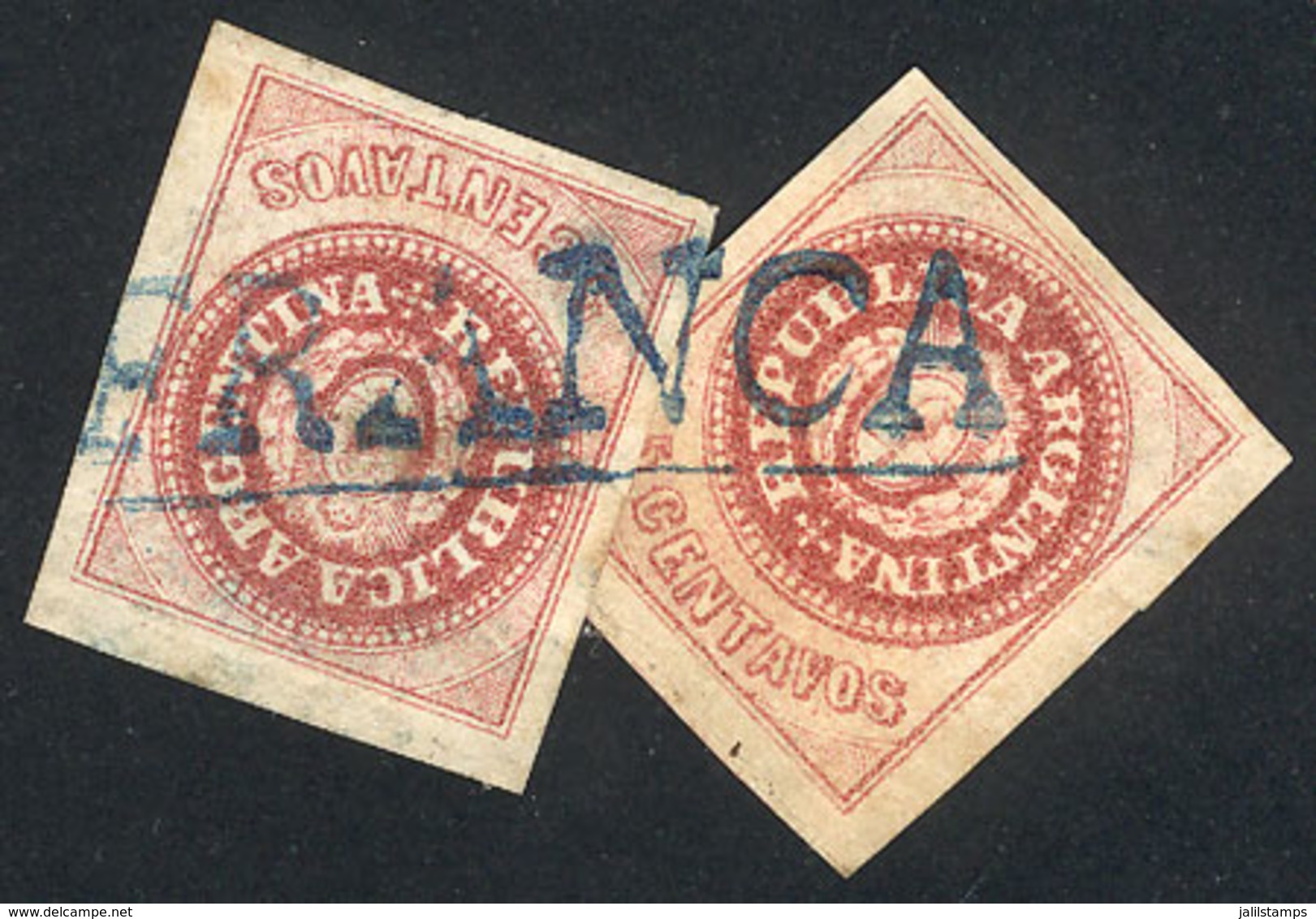 ARGENTINA: GJ.12, 5c. Without Accent, Semi-worn Plate, 2 Examples Reconstructing The FRANCA Cancel Of Rosario In Blue (+ - Unused Stamps