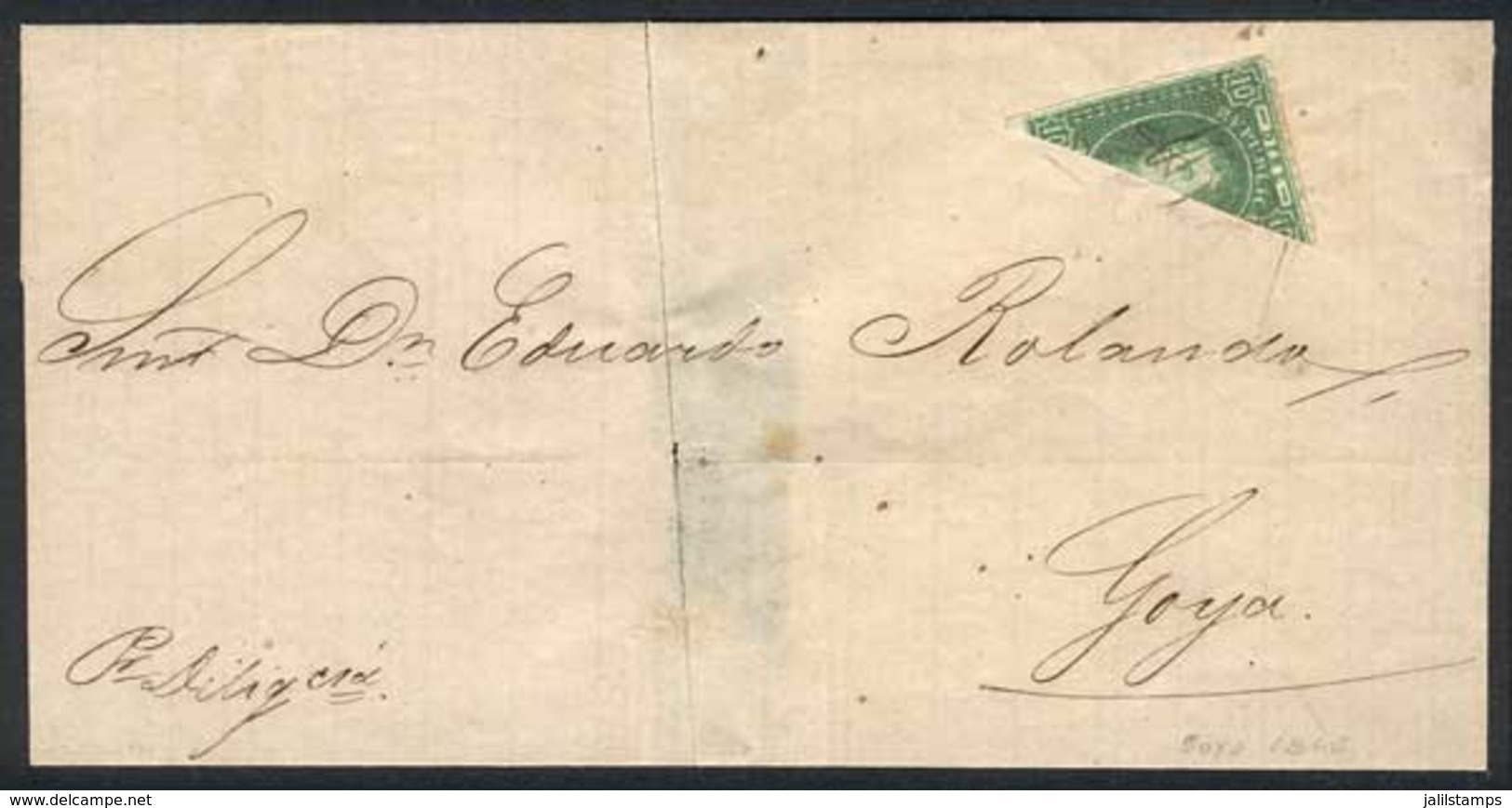 ARGENTINA: GJ.23BI, 10c. Bisect Franking A Folded Cover Sent To Goya, Pen Cancelled On Arrival, VF Quality And Very Rare - Gebruikt
