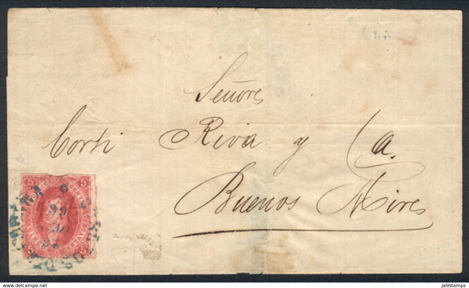 ARGENTINA: GJ.25, 4th Printing, Franking A Folded Cover Dated Santa Fe 7/OC/1866, But For Some Reason It Was Dispatched  - Used Stamps