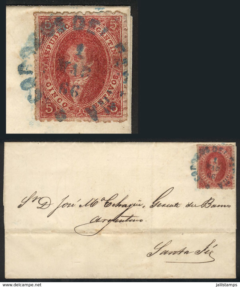 ARGENTINA: GJ.25, 4th Printing, Red-rose, Absolutely Superb Stamp Franking A Folded Cover Sent From PARANÁ To Santa Fe O - Used Stamps