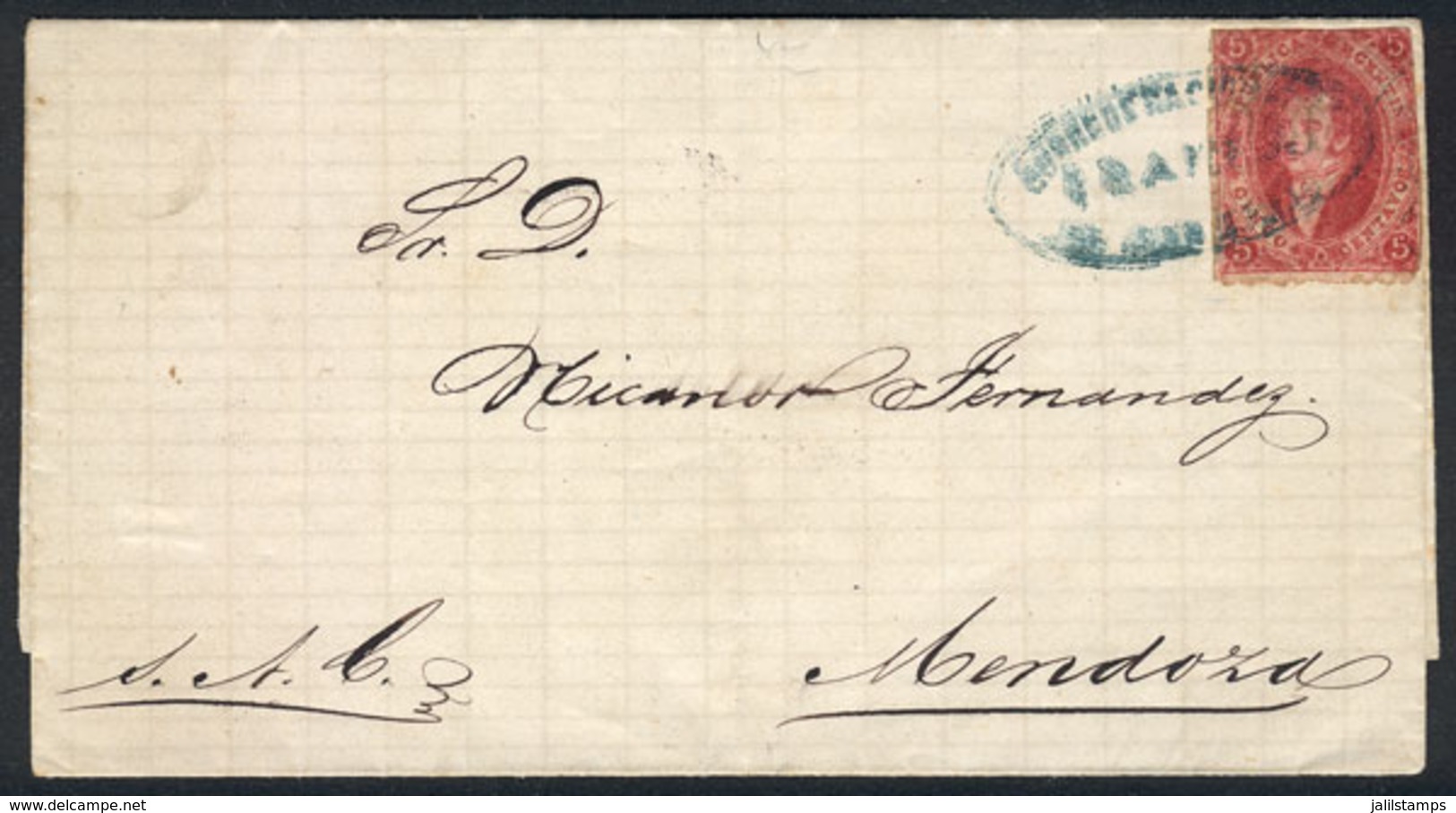ARGENTINA: GJ.26, 5th Printing, On A Folded Cover To Mendoza, Cancelled By SAN JUAN-FRANCA Ellipse In Blue, VF - Usados