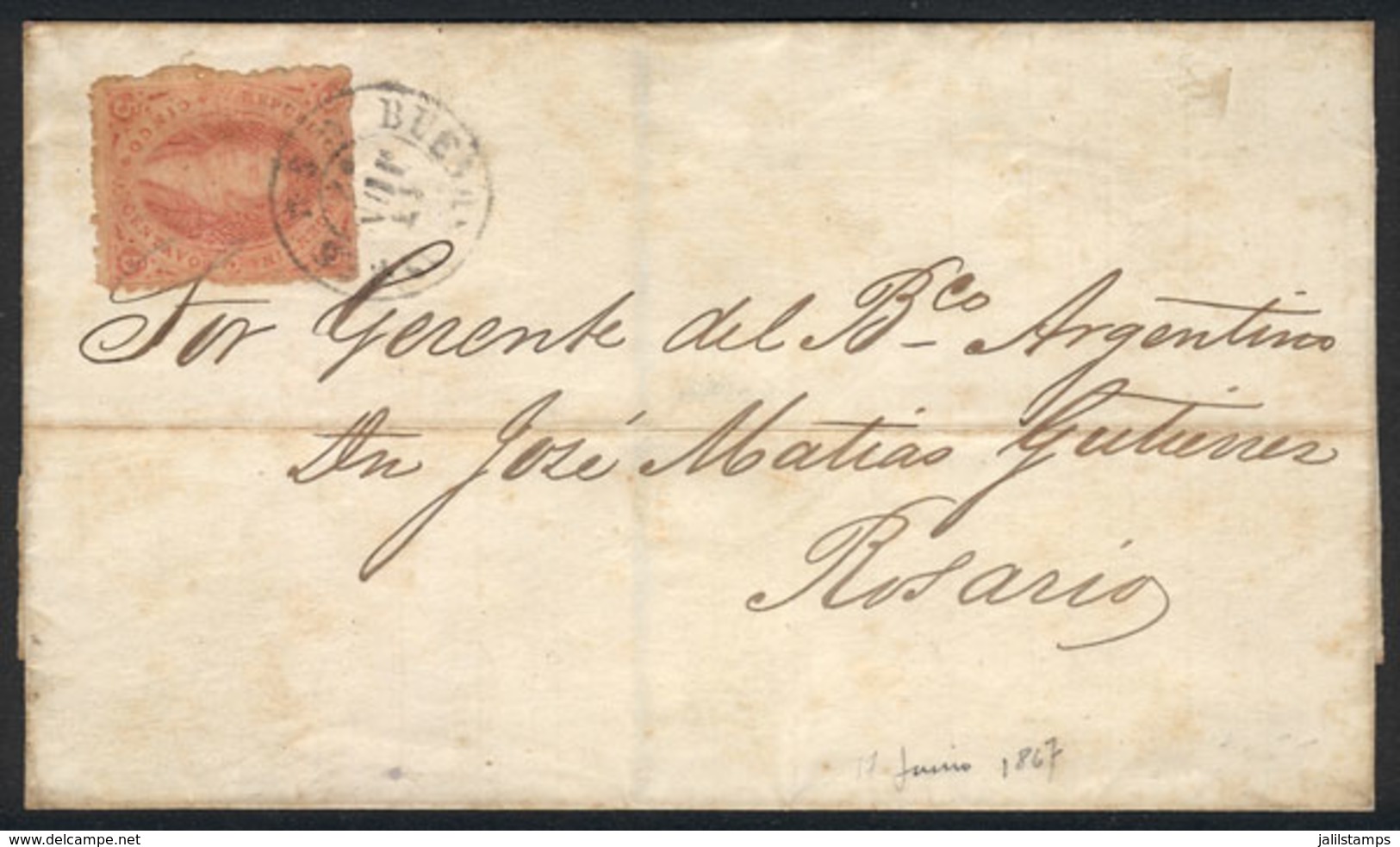 ARGENTINA: GJ.28A, 6th Printing Perforated, Orangish Dun Red Color, On A Folded Cover Sent From Buenos Aires To Rosario  - Used Stamps