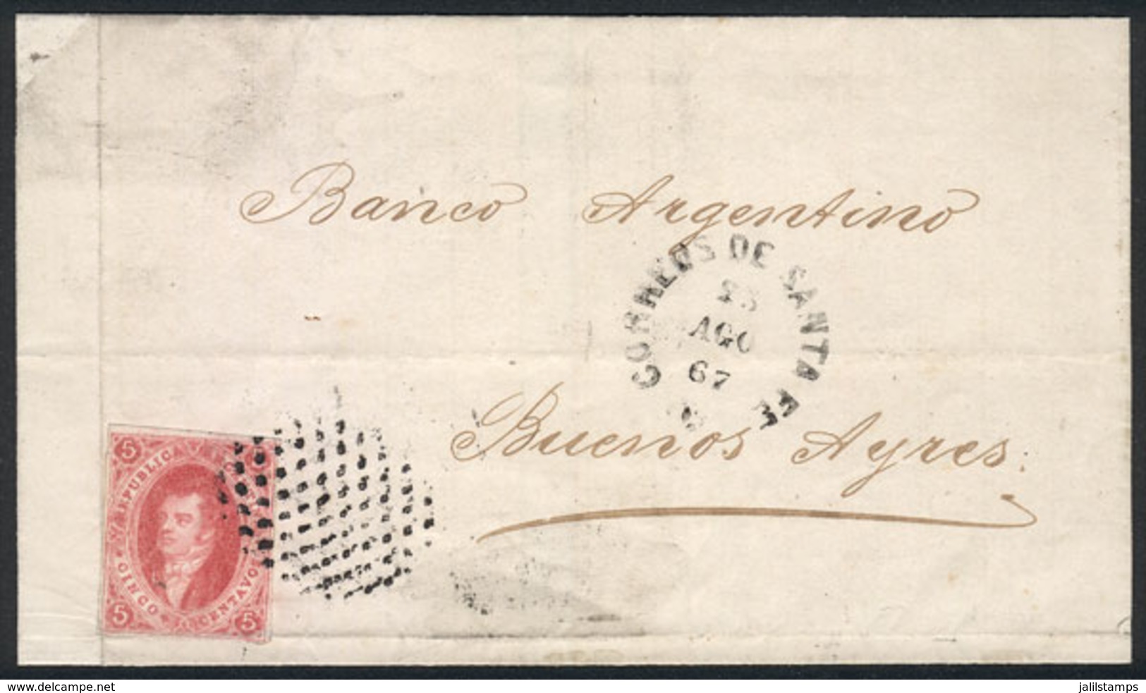 ARGENTINA: GJ.32, 7th Printing Imperforate, On Folded Cover To Buenos Aires, With Dotted Cancel Along Datestamp Of SANTA - Gebruikt