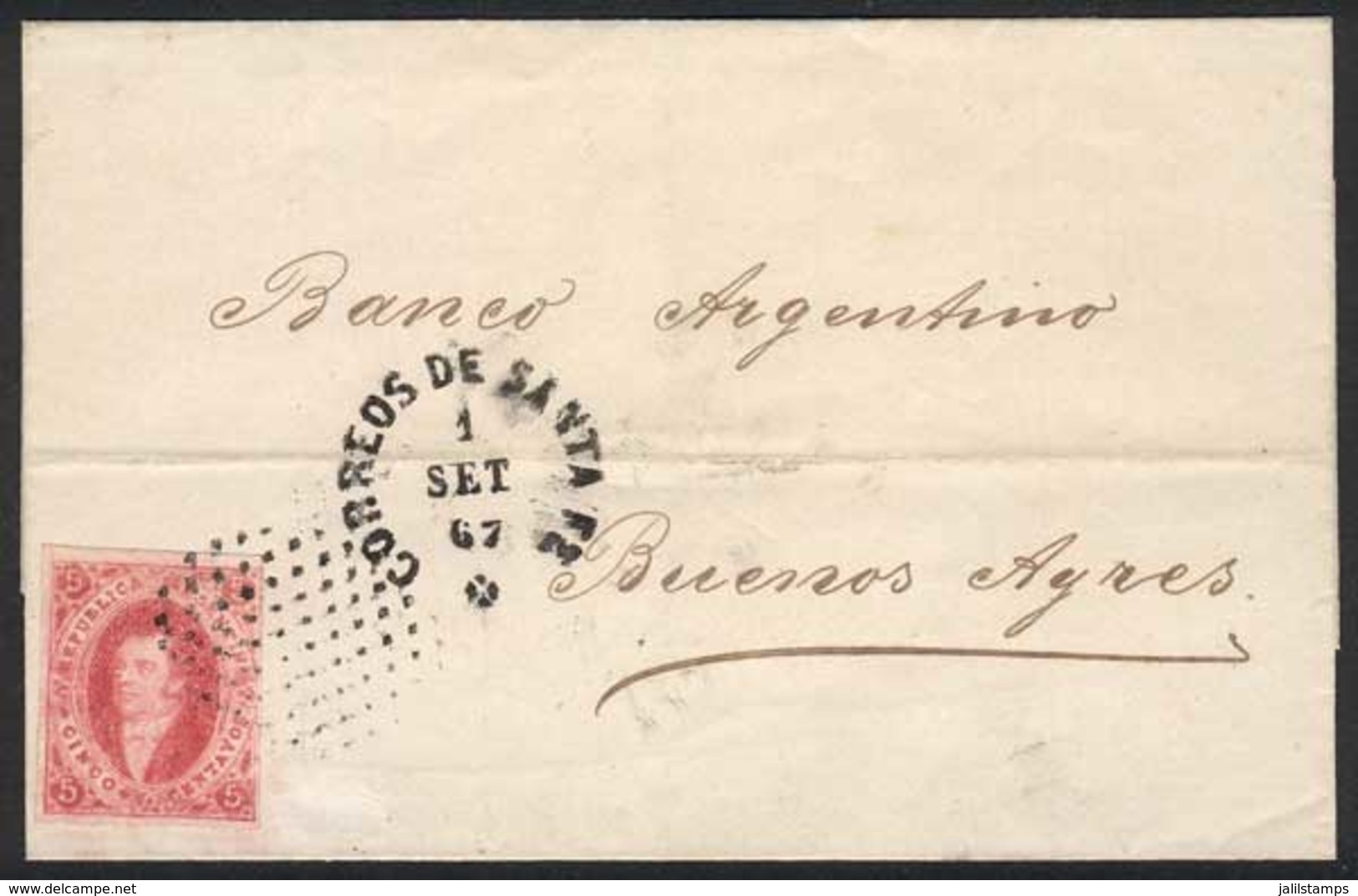 ARGENTINA: GJ.32, 7th Printing Imperforate, Example Of 4 Margins (3 Very Wide) On A Folded Cover , Dotted Cancel (+30%)  - Used Stamps