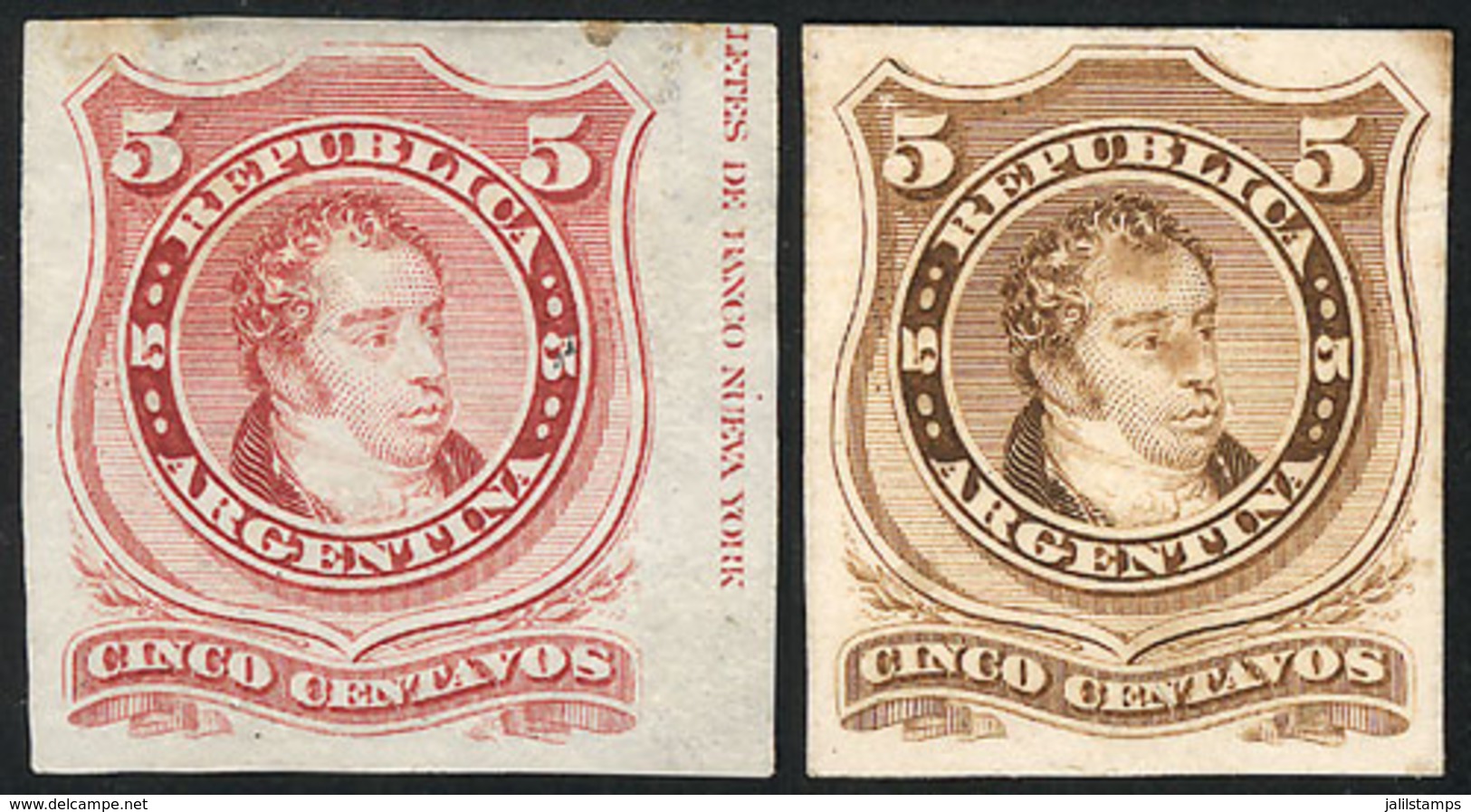 ARGENTINA: GJ.37, Trial Color Proof In Red Printed On Very Thin Paper (India Paper) + Proof In Yellow-chestnut Printed O - Other & Unclassified