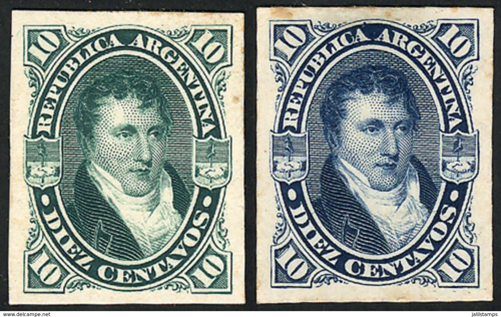 ARGENTINA: GJ.39, Proof In Green (issued) + Trial Color Proof In Blue, Both Printed On Card, Rare! - Other & Unclassified