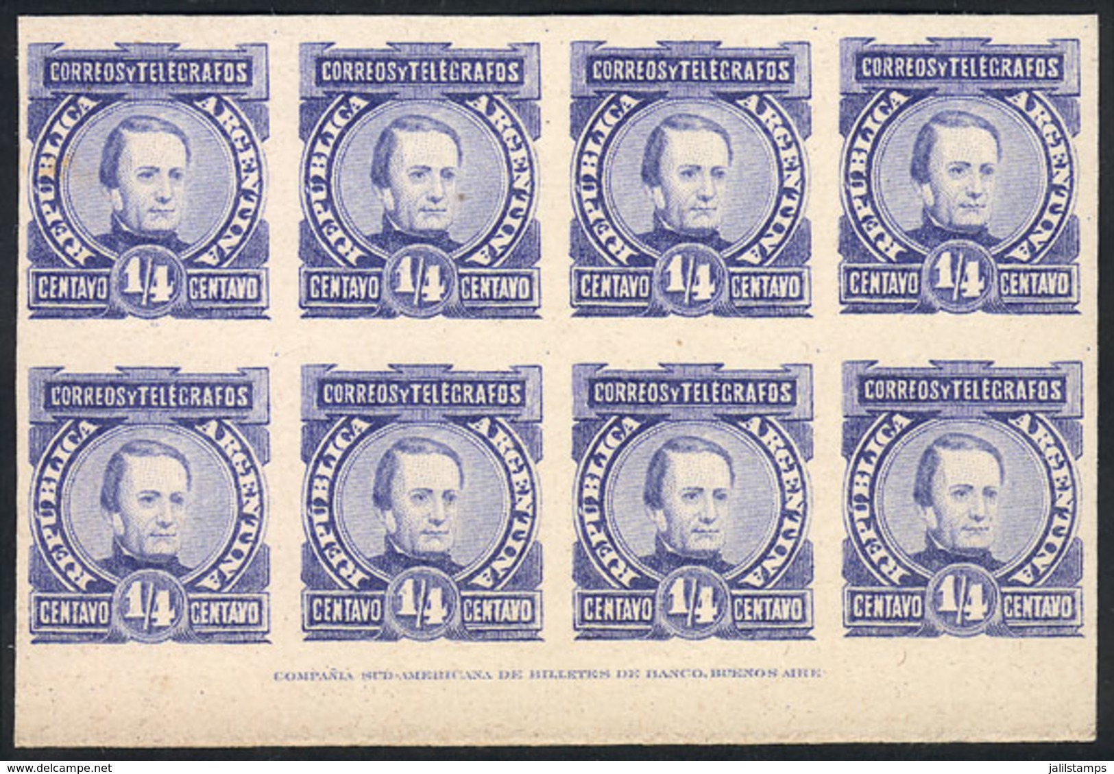 ARGENTINA: GJ.96, ¼c. Paz, TRIAL COLOR PROOF In Ultramarine Blue, Block Of 8 Printed On Card, With Lower Sheet Margin An - Other & Unclassified