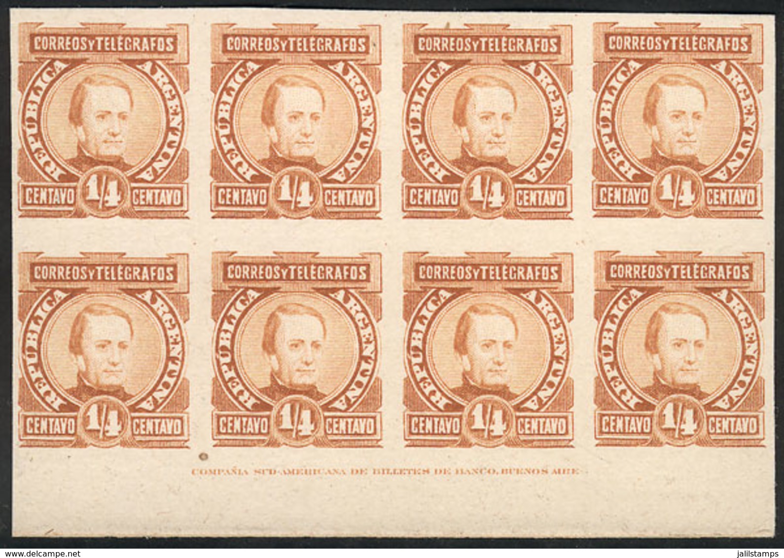 ARGENTINA: GJ.96, ¼c. Paz, TRIAL COLOR PROOF In Dark Orange, Block Of 8 Printed On Card, With Lower Sheet Margin And Pri - Other & Unclassified