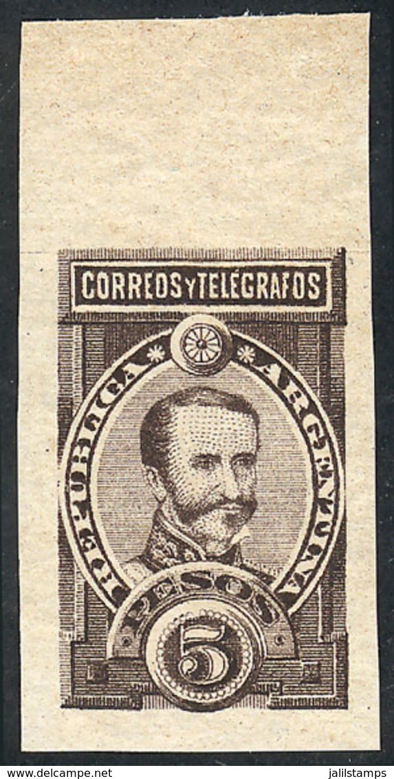 ARGENTINA: GJ.116, 1889 5P. Lamadrid, TRIAL COLOR PROOF In Very Dark Chestnut, Printed On Thin, Yellowish Paper, Excelle - Other & Unclassified