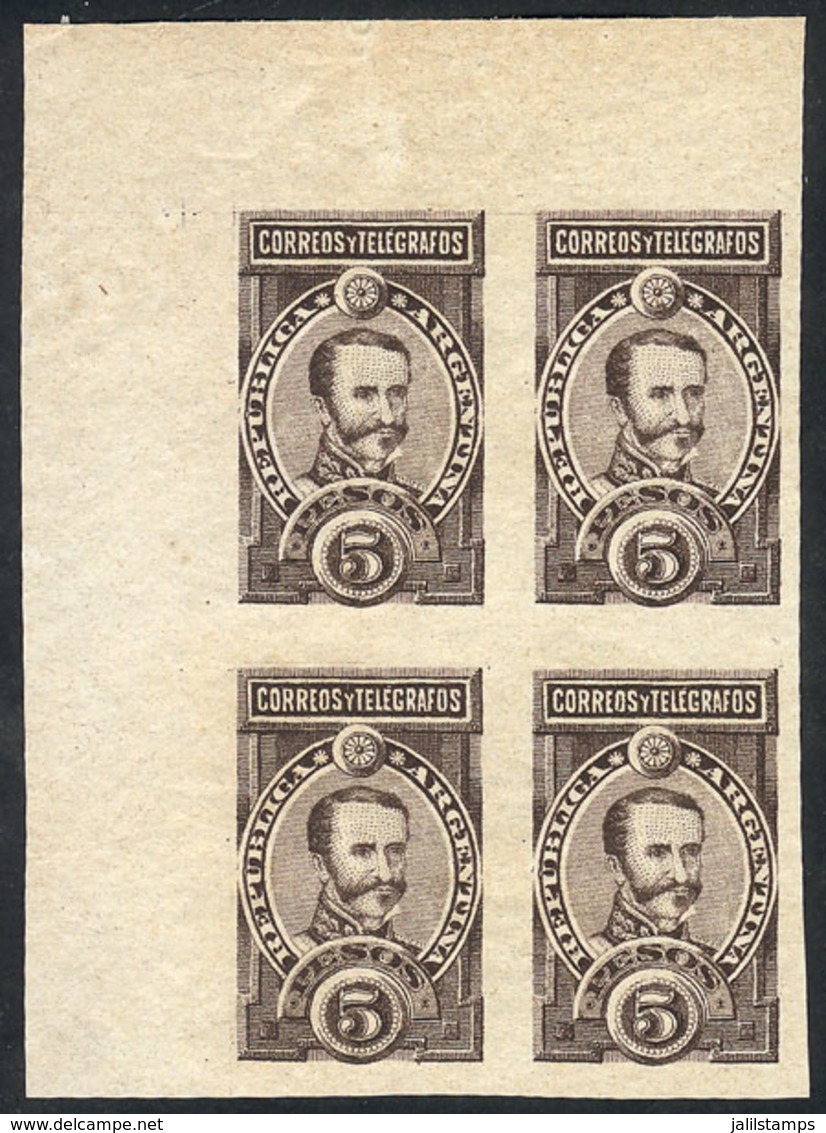 ARGENTINA: GJ.116, 1889 5P. Lamadrid, TRIAL COLOR PROOF In Very Dark Chestnut, Block Of 4 Printed On Thin, Yellowish Pap - Otros & Sin Clasificación
