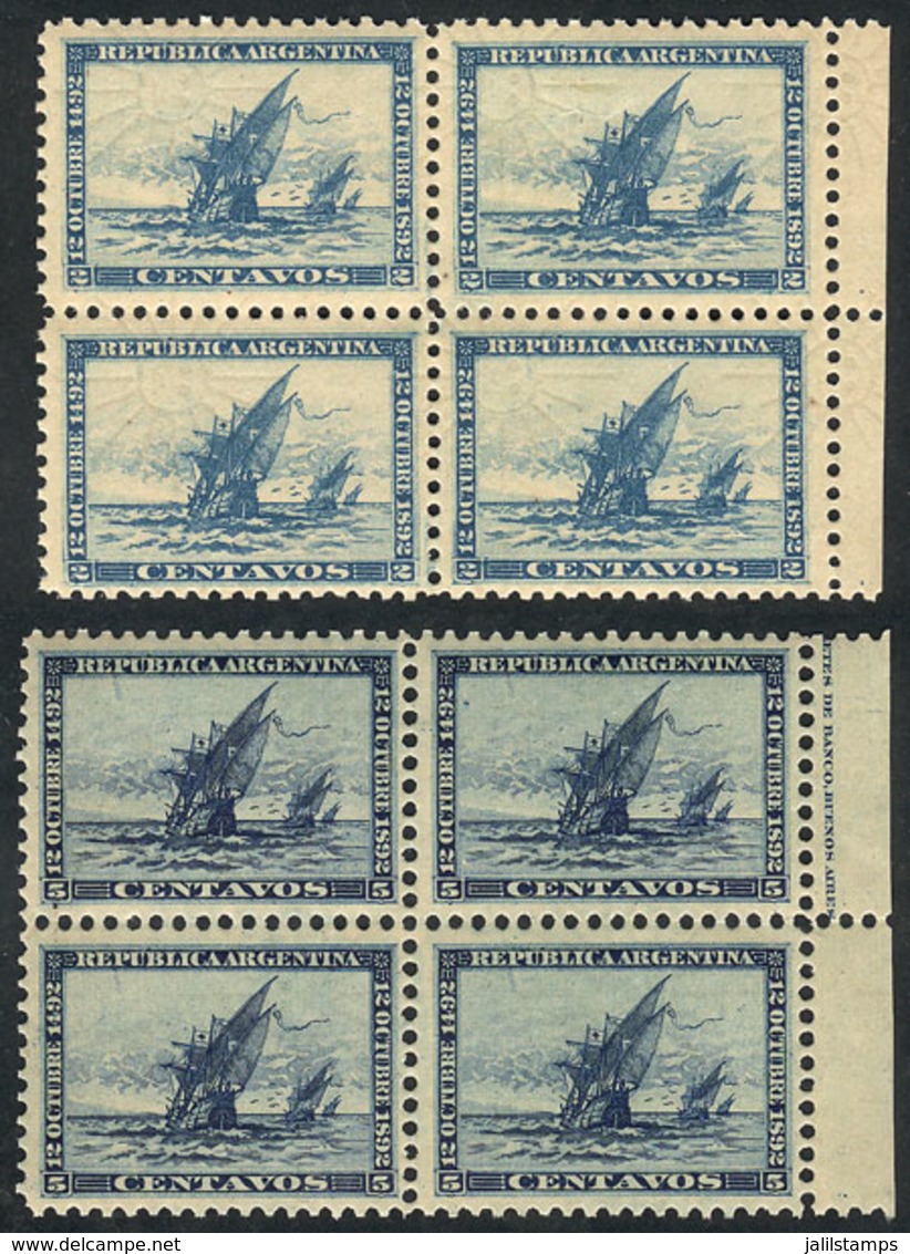 ARGENTINA: GJ.135/136, 1892 Discovery Of America 400 Years, The Cmpl. Set Of 2 Values In MNH Blocks Of 4, Fresh, Perfect - Other & Unclassified