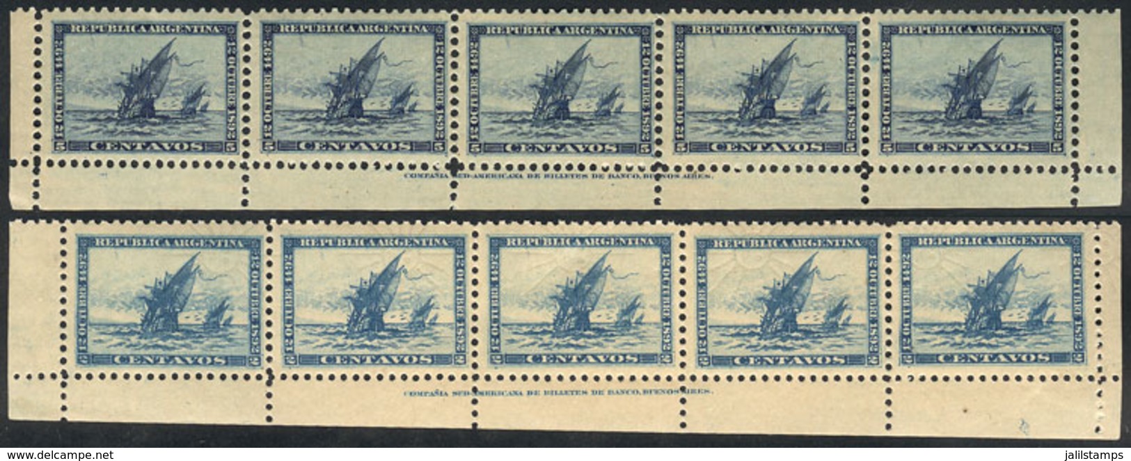 ARGENTINA: GJ.135/136, 1892 Discovery Of America 400 Years, The Cmpl. Set Of 2 Values In Strips Of 5 With Printer Imprin - Other & Unclassified