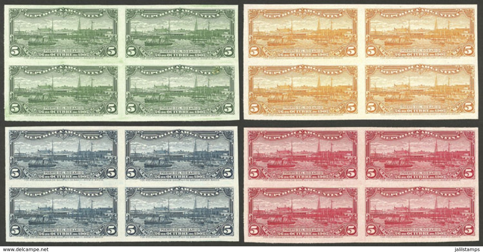 ARGENTINA: GJ.273, 1902 Port Of Rosario, 4 Proofs In Different Colors, Blocks Of 4 Printed On Thick PAPER Of Glazed Fron - Other & Unclassified