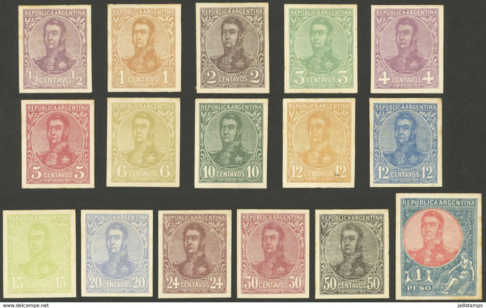 ARGENTINA: GJ.275/299 (not Consecutive), 1908 San Martín In Oval, Cmpl. Set Of 16 COLOR PROOFS In The Issued Colors (or  - Otros & Sin Clasificación