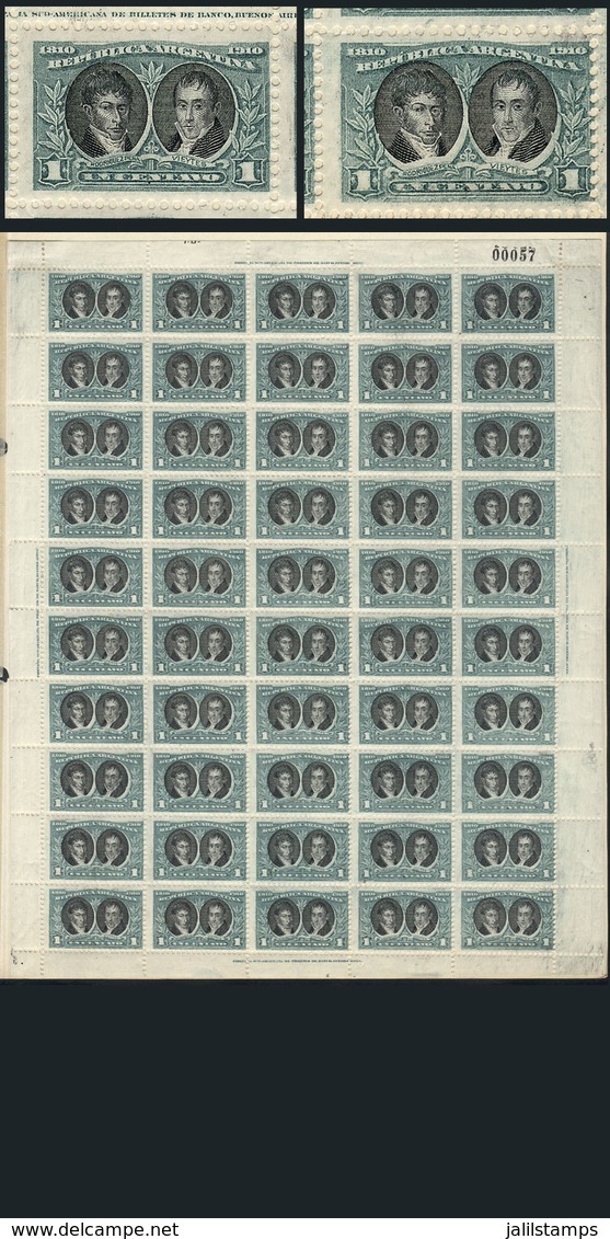 ARGENTINA: GJ.301, 1c. Rodriguez Peña & Vieytes, COMPLETE SHEET Of 50 Stamps With Variety: The Black Center Is Well Cent - Other & Unclassified