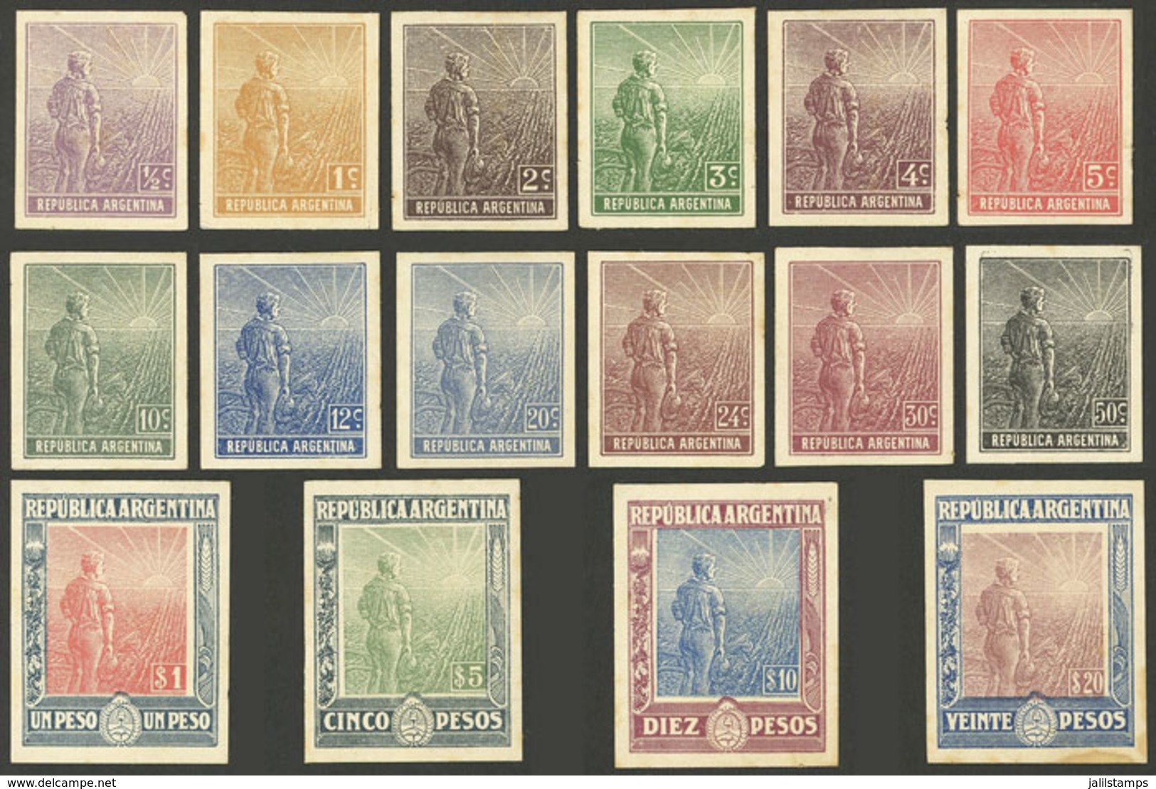 ARGENTINA: GJ.337/362 (not Consecutive), 1912 Plowman, Cmpl. Set Of 16 COLOR PROOFS In The Issued Colors (or Very Simila - Other & Unclassified