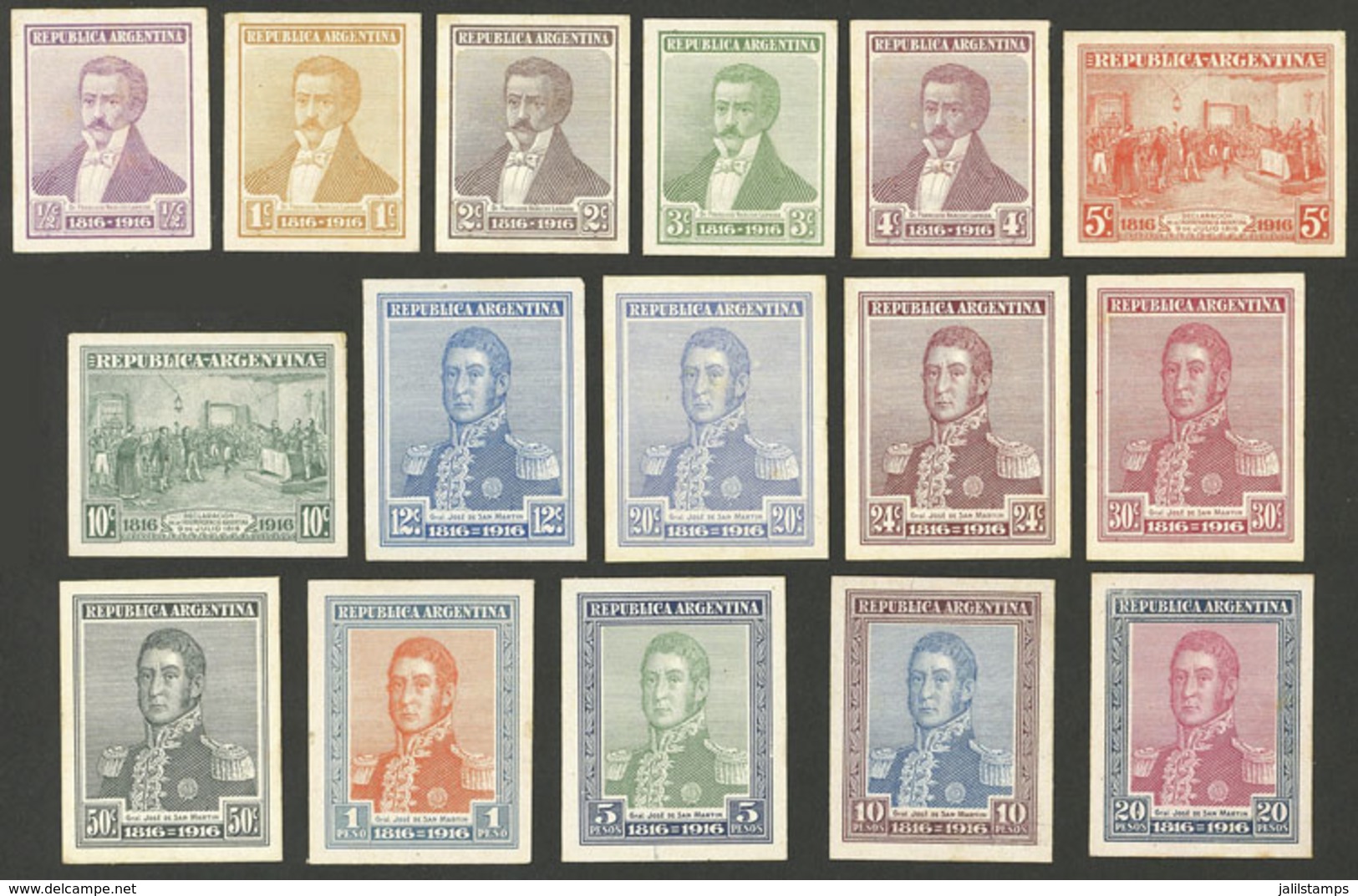 ARGENTINA: GJ.396/422 (not Consecutive), 1916 Centenary Of Independence, Cmpl. Set Of 16 COLOR PROOFS In The Issued Colo - Other & Unclassified