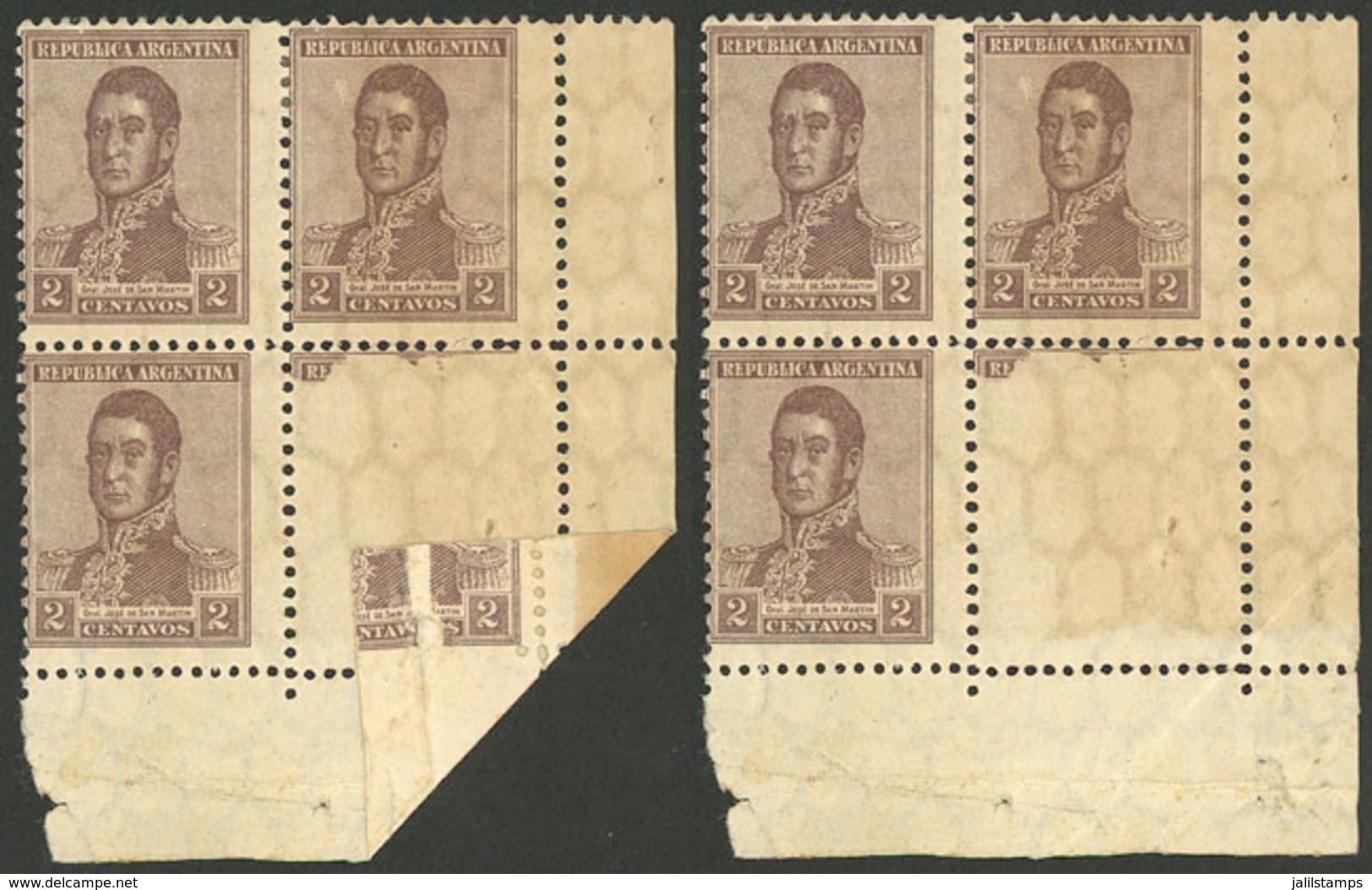 ARGENTINA: GJ.425, 1917 2c. San Martín, Corner Block Of 4 With VARIETY: One Stamp Partially Unprinted Due To Pre-printin - Otros & Sin Clasificación