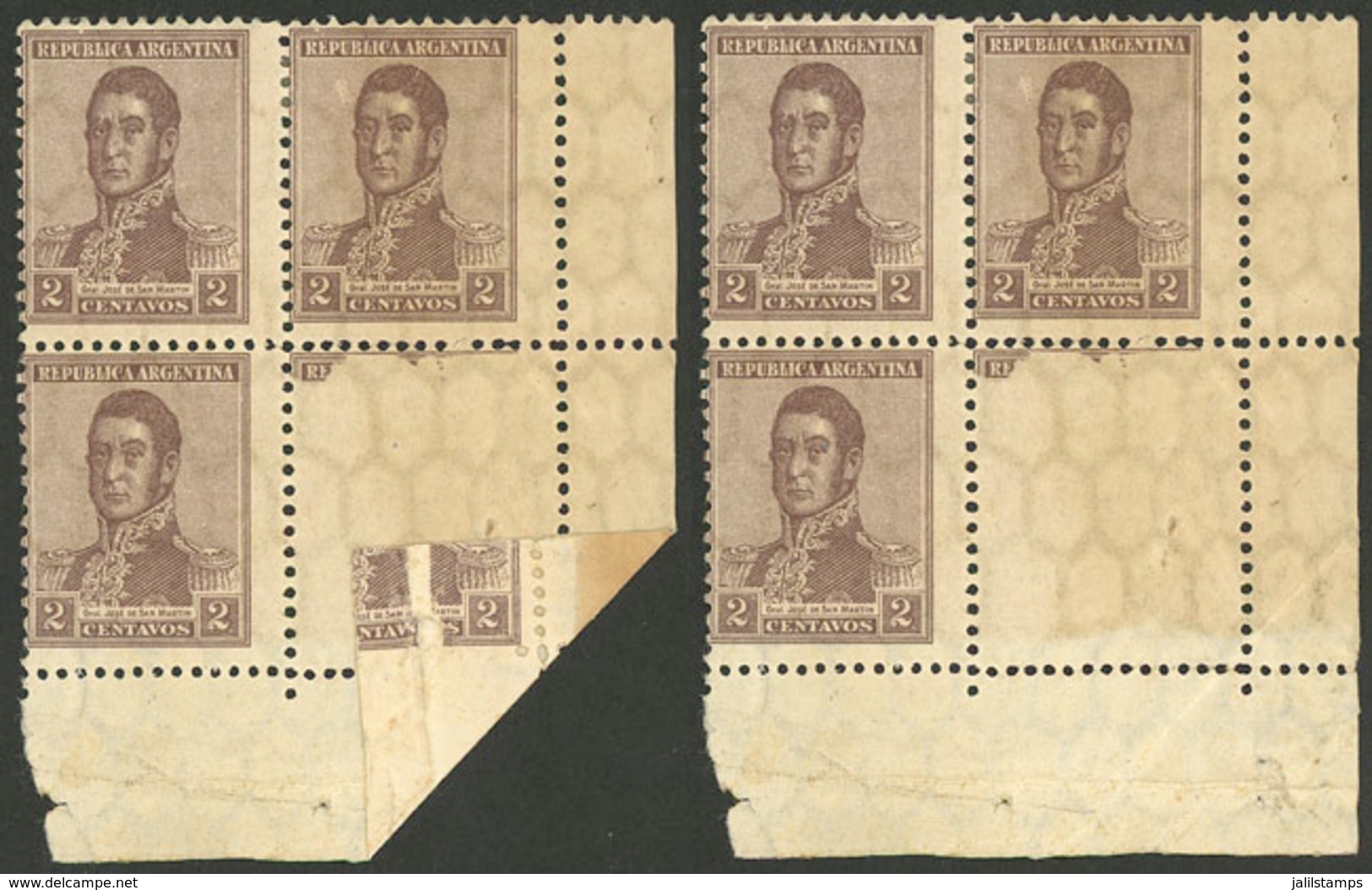 ARGENTINA: GJ.425, 1917 2c. San Martín, Corner Block Of 4 With VARIETY: One Stamp Partially Unprinted Due To Pre-printin - Other & Unclassified