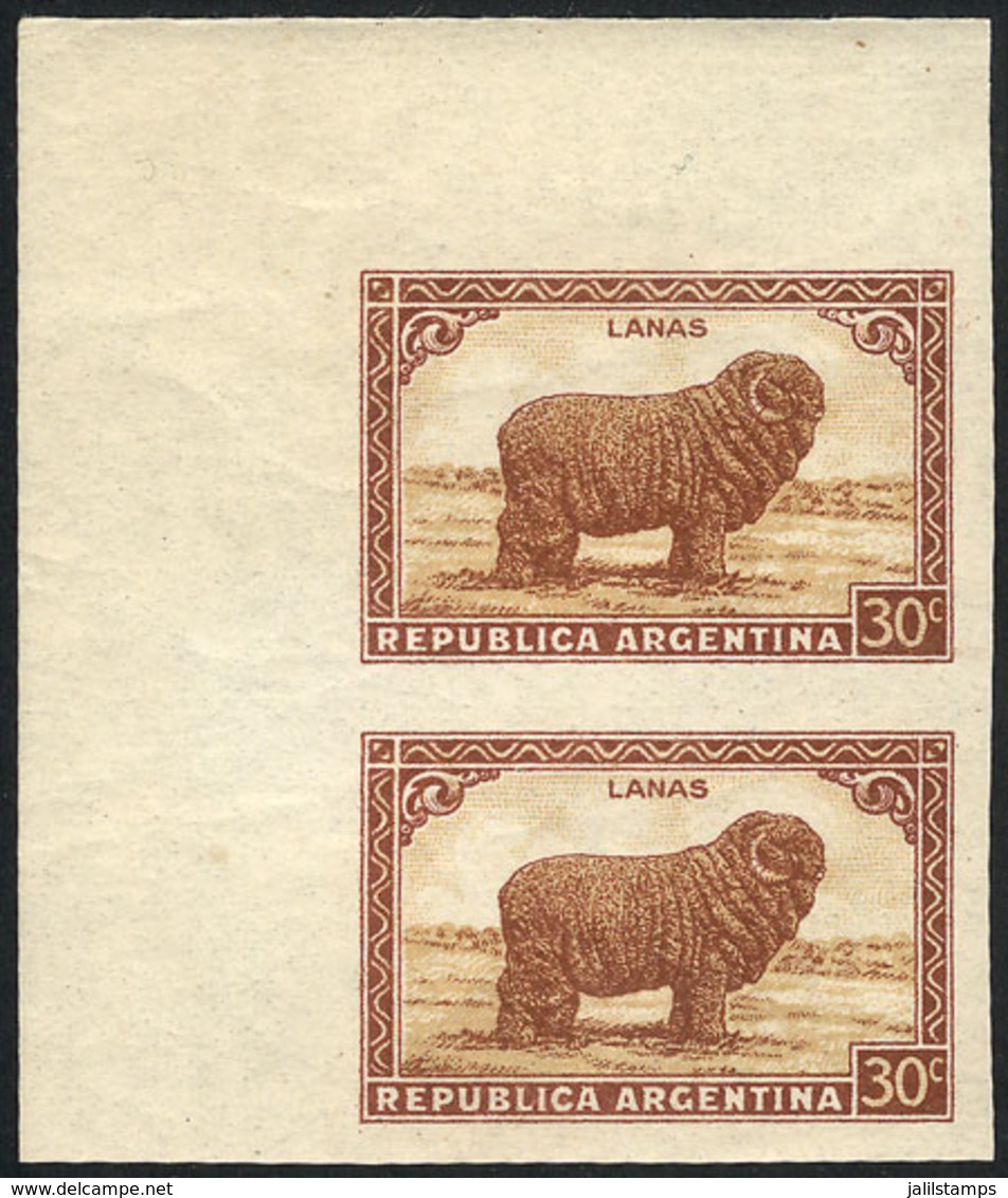 ARGENTINA: GJ.809P, 1935/52 30c. Wool, Unwatermarked, IMPERFORATE PAIR, Excellent! - Other & Unclassified