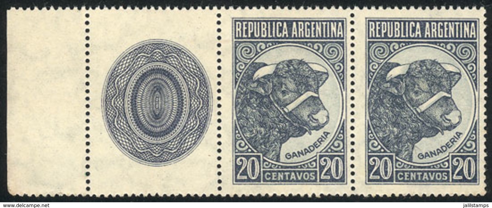 ARGENTINA: GJ.884CZ, 1942 20c. Bull, Straight Rays Wmk, Pair + LABEL AT LEFT, VF Quality, Catalog Value US$70. - Otros & Sin Clasificación