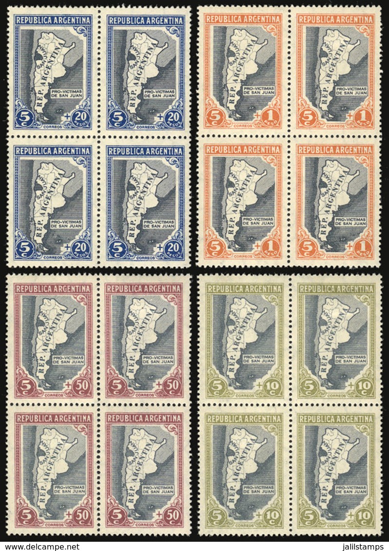 ARGENTINA: GJ.912/915, 1944 San Juan Earthquake, Maps, Compl. Set Of 4 Values In Blocks Of 4 (2 Sets MNH And 2 Lightly H - Other & Unclassified