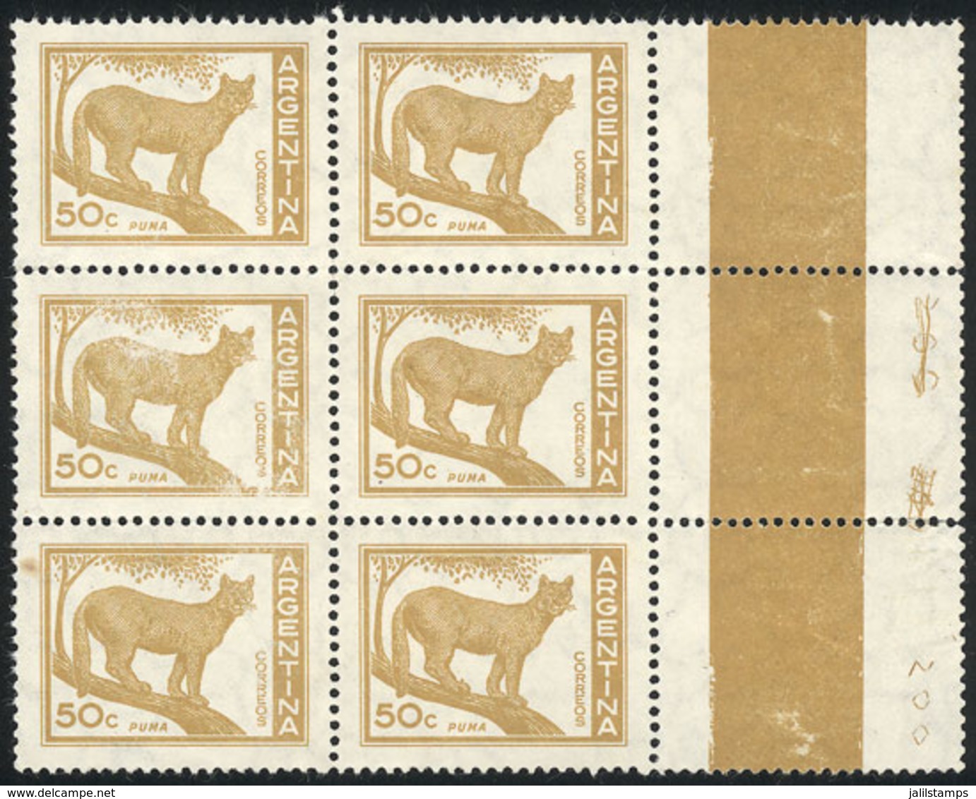 ARGENTINA: GJ.1125ACD, 50c. Puma On Imported Unsurfaced Paper, Block Of 6 Stamps + 3 Decorated Labels At Right, The 2 Lo - Other & Unclassified