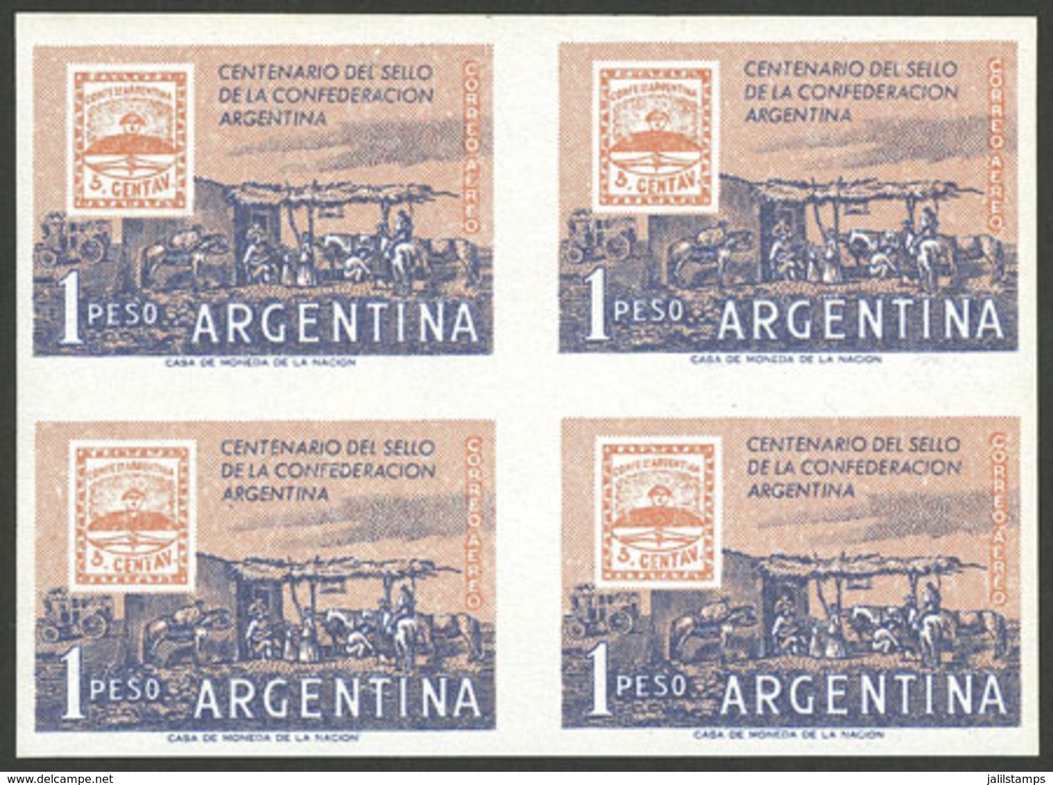 ARGENTINA: GJ.1109P, 1958 Confederation Stamp Centenary (gauchos, Horse, Dog), IMPERFORATE BLOCK OF 4, MNH, Excellent Qu - Other & Unclassified