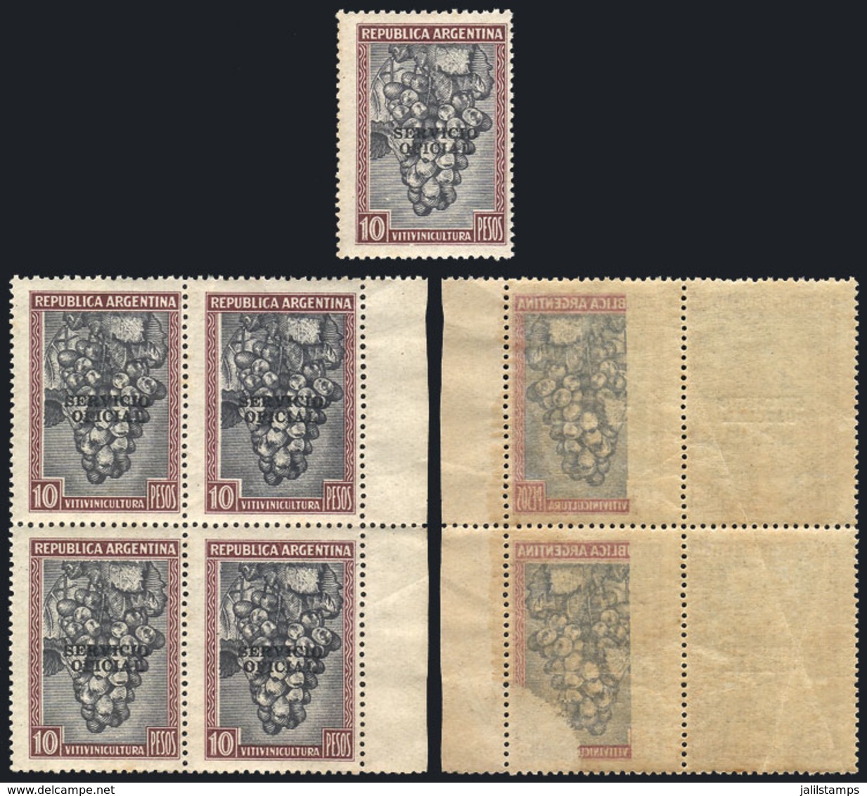 ARGENTINA: GJ.669, 10P. Grapes, Block Of 4 With Varieties: Double Impression Of Black Center And Notable Offset Impressi - Officials