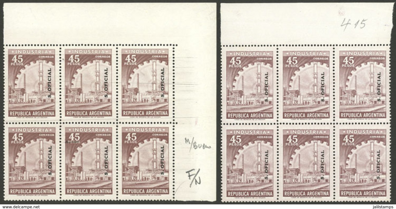 ARGENTINA: GJ.763, 2 Blocks Of 6 On Paper "fluorescent On Both Sides" (normal) And "lightly Fluorescent On Front And UV  - Service