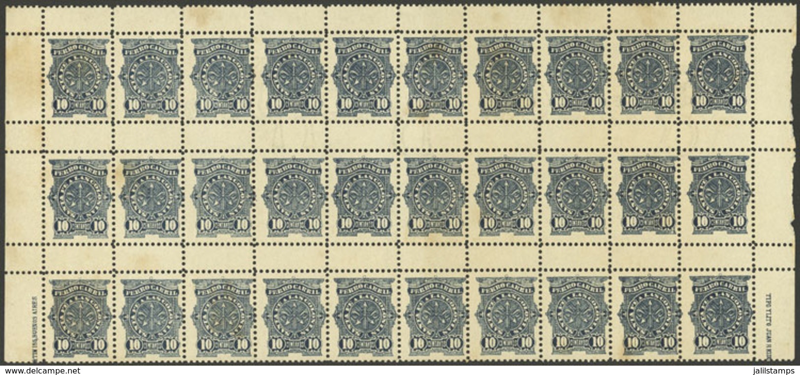 ARGENTINA: GJ.65 + 65A, Ferrocarril Santa Fe A Las Colonias 10c., Block Of 30 With COMPLETE Spicer Brother Watermark (11 - Telegraph