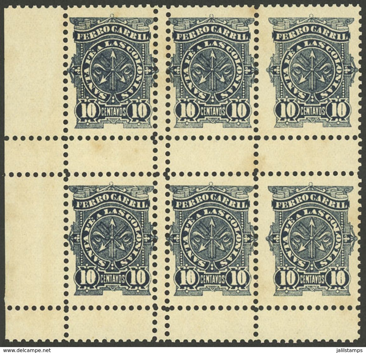 ARGENTINA: GJ.65, Ferrocarril Santa Fe A Las Colonias 10c., Block Of 6 With Variety: DOUBLE Vertical Perforation, MNH (w - Telegraph