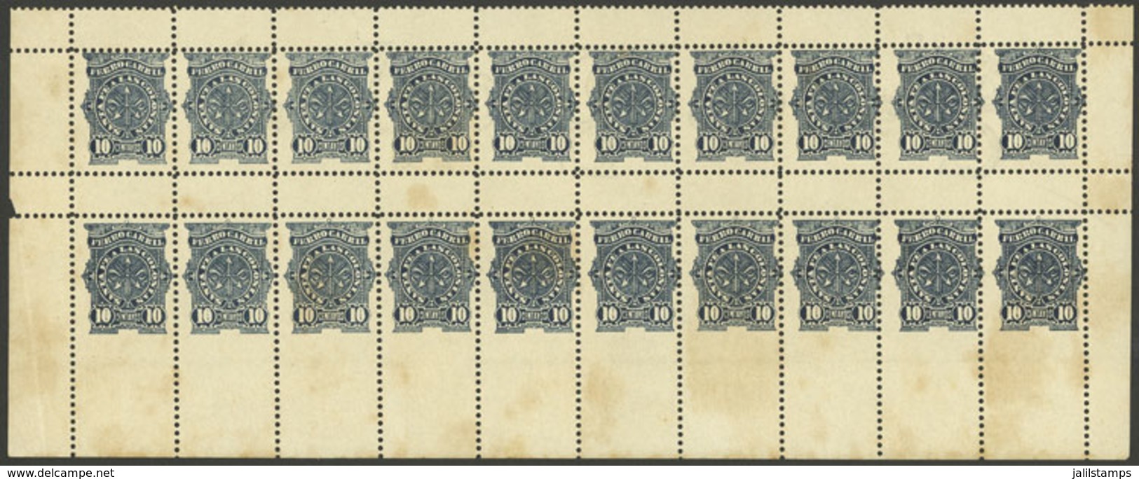 ARGENTINA: GJ.65 + 65A, Ferrocarril Santa Fe A Las Colonias 10c., Block Of 20 (9 With Letter Watermark) With Variety: IM - Telegrafo