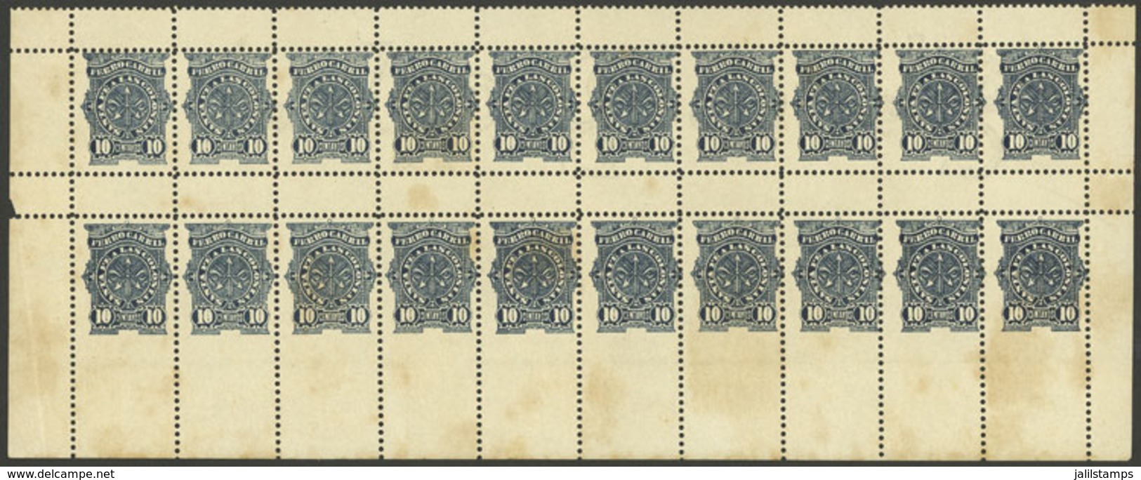 ARGENTINA: GJ.65 + 65A, Ferrocarril Santa Fe A Las Colonias 10c., Block Of 20 (9 With Letter Watermark) With Variety: IM - Telegraph