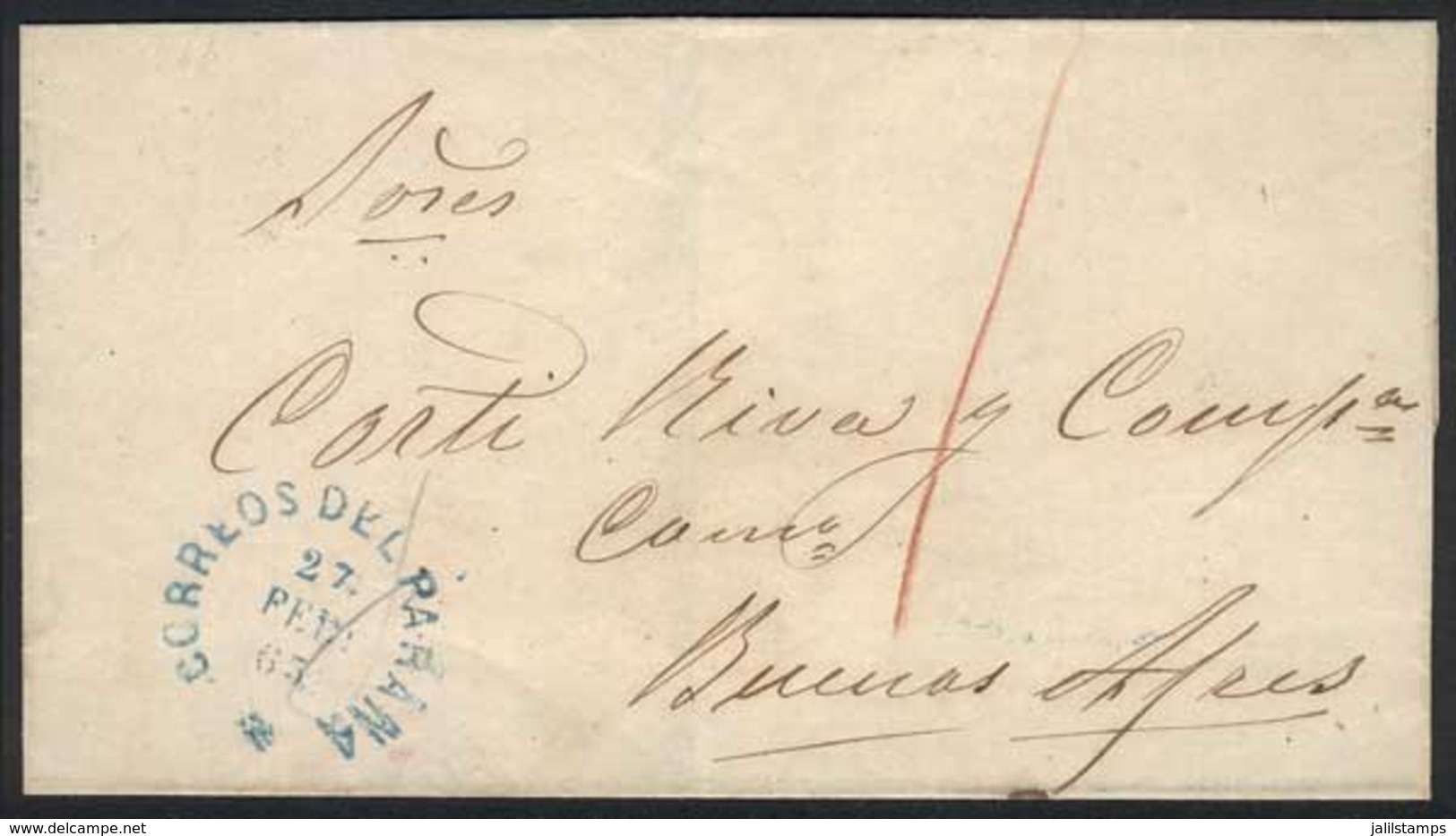 ARGENTINA: Folded Cover Dated LA PAZ 20/FE/1863 And Sent To B.Aires, Stampless Due To A Temporary Shortage Of Postage St - Autres & Non Classés