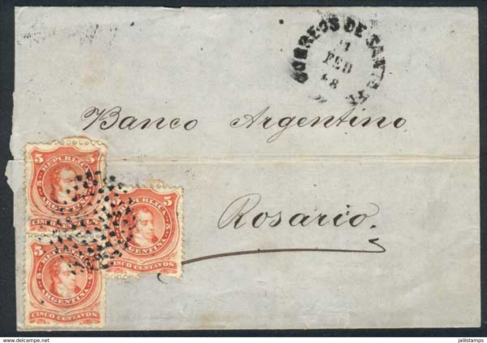 ARGENTINA: Folded Cover Franked With 3 Examples Of GJ.37 (5c. Rivadavia With Groundwork Of Horizontal Lines), With Dotte - Other & Unclassified