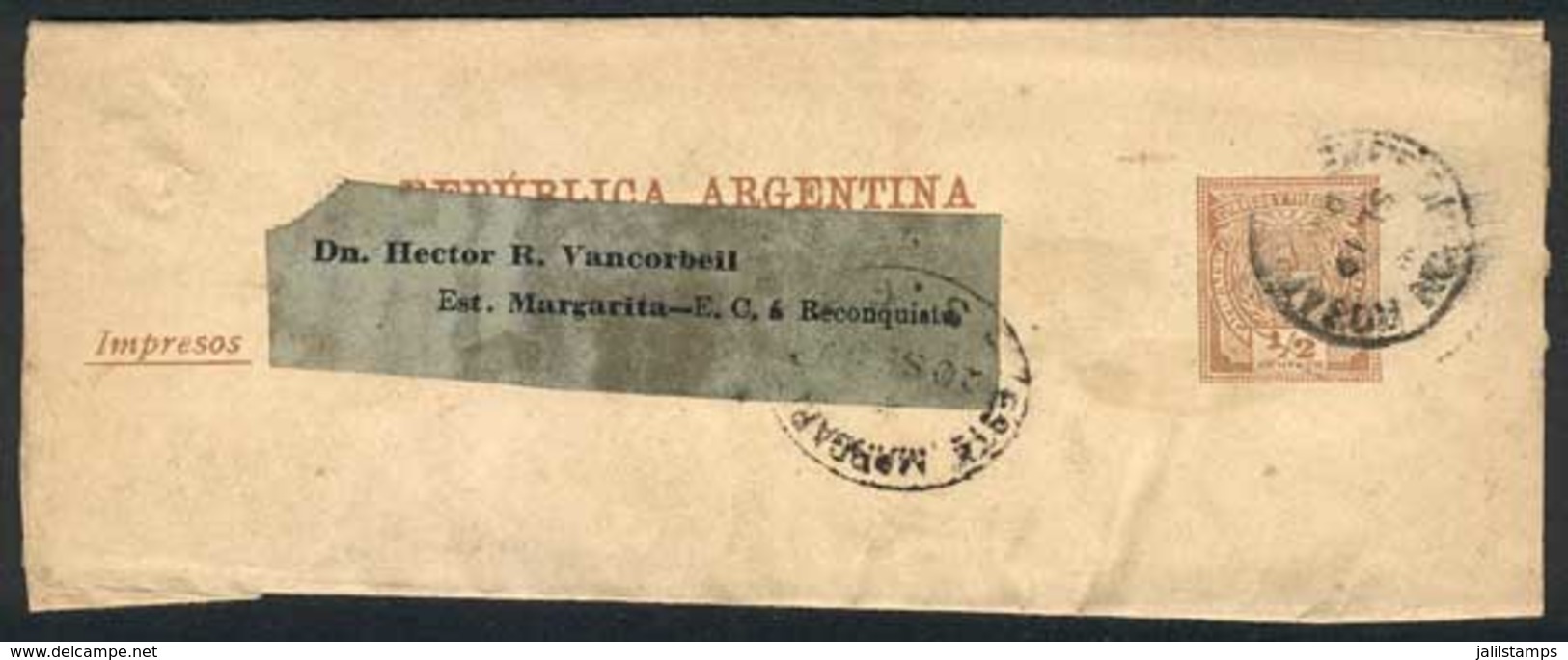 ARGENTINA: ½c. Wrapper Sent From Rosario On 19/SE/1892, With Rare Arrival Handstamp Of ESTACIÓN MARGARITA (Santa Fe, Fer - Other & Unclassified