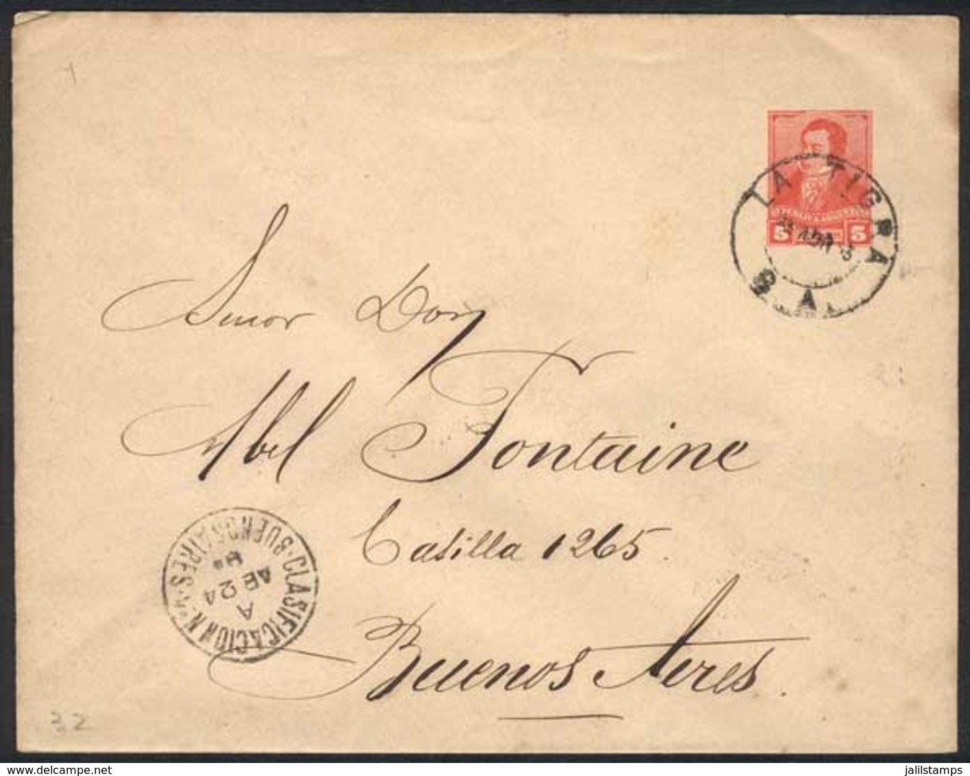 ARGENTINA: 5c. Rivadavia PS Cover, Sent To Buenos Aires On 23/AP/1893, With The Rare Double Circle Cancel Of LA TIGRA (B - Other & Unclassified
