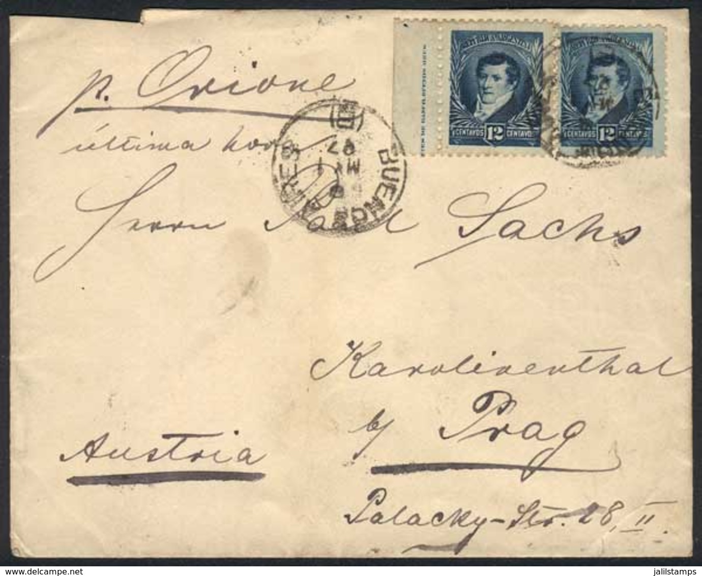 ARGENTINA: Cover Franked By GJ.180 X2 (one On Very Bluish Paper), Sent From B.Aires To PRAGUE (Austria) On 1/MAY/1897, W - Sonstige & Ohne Zuordnung