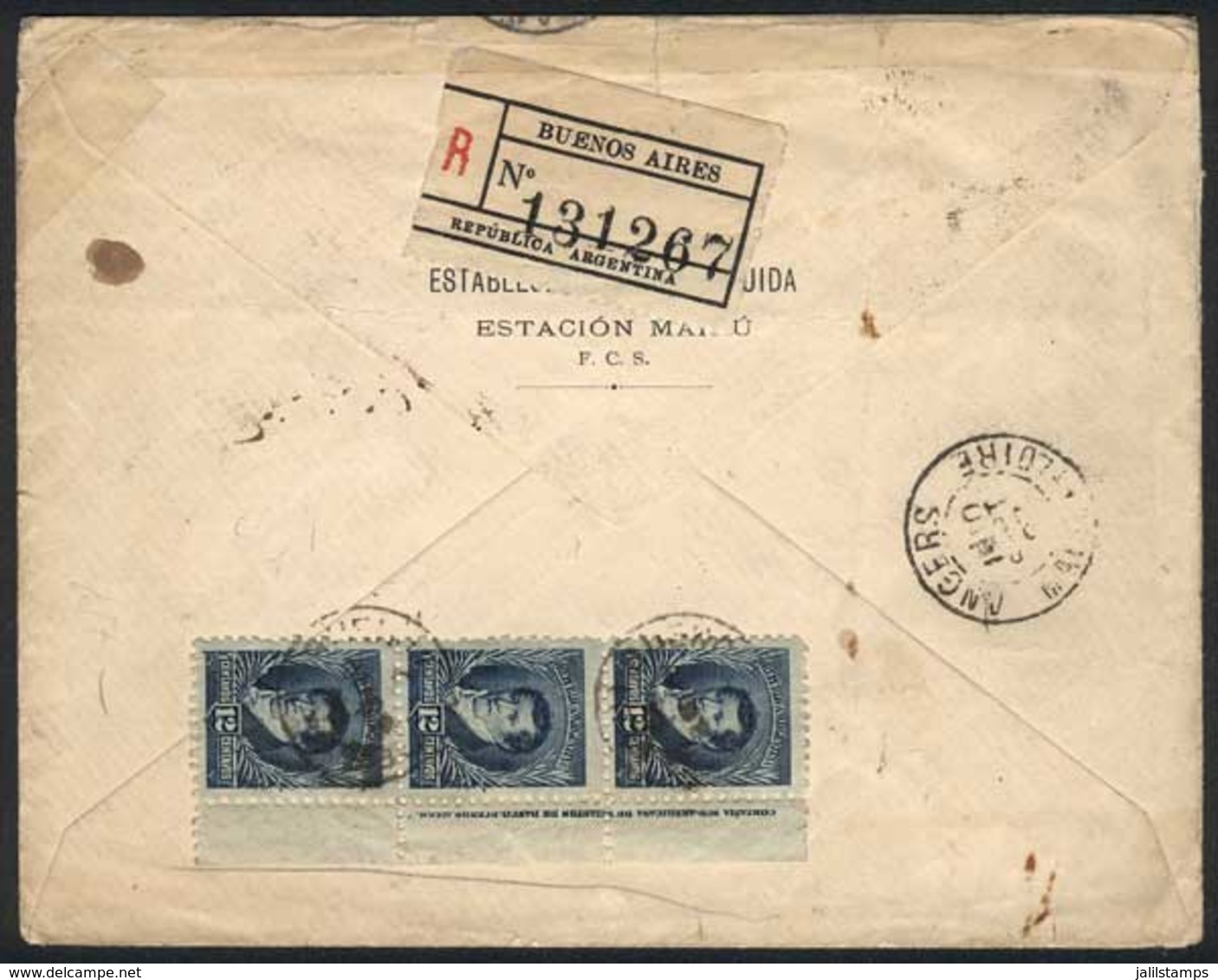 ARGENTINA: Registered Cover Franked On Reverse By GJ.180 Margin Strip Of 3 With Printer Imprint, Sent With AR From ESTAC - Other & Unclassified