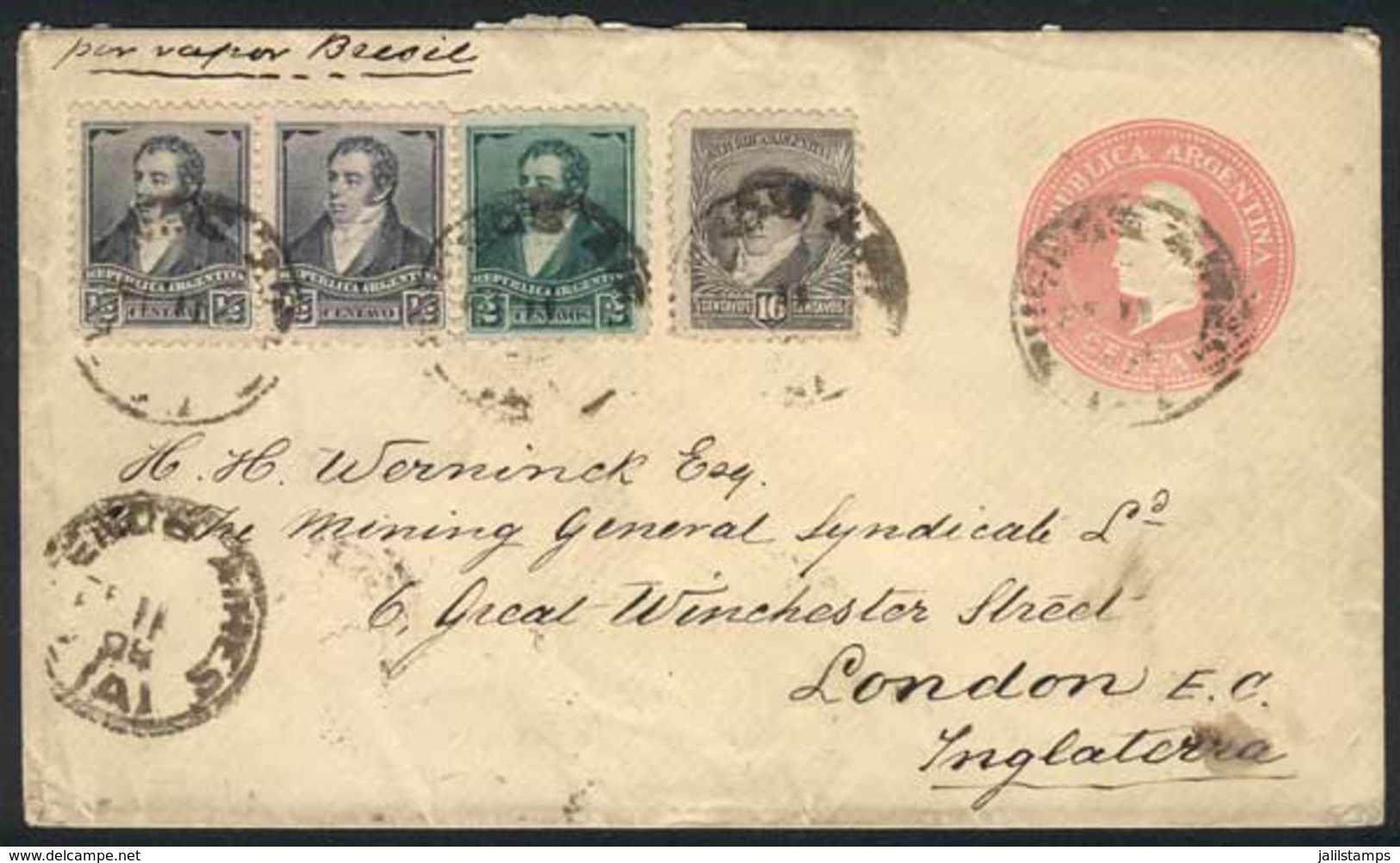 ARGENTINA: 5c. PS Cover + GJ.174 X4 (2 On Reverse) + 176 + 181, Sent From Buenos Aires To England On 11/FE/1898, VF Qual - Other & Unclassified