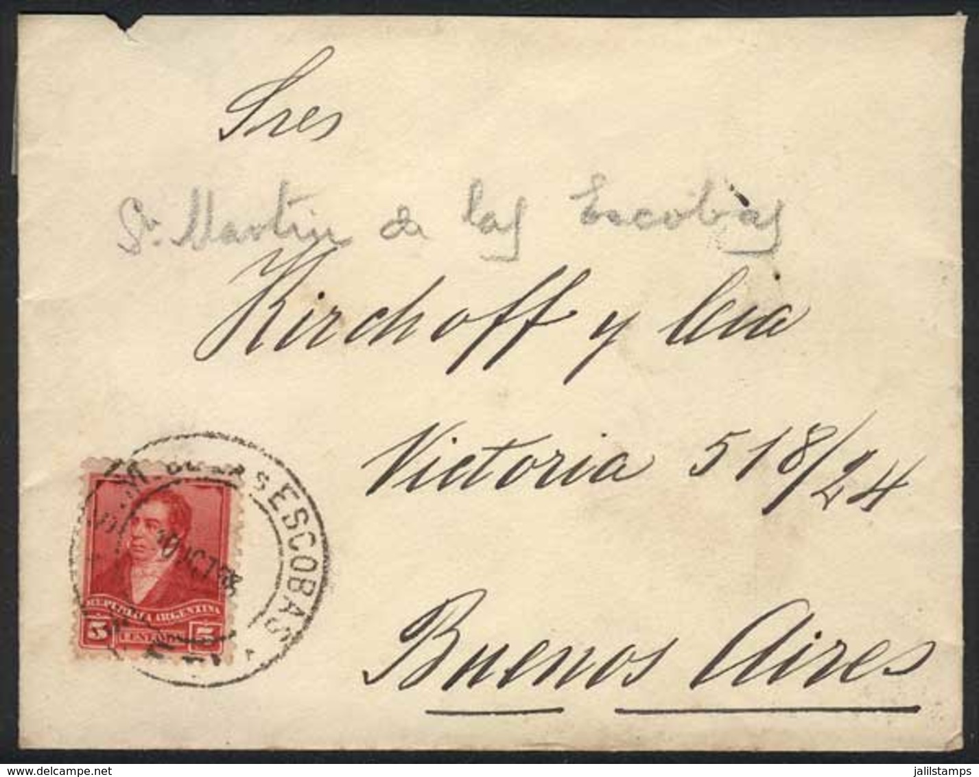 ARGENTINA: Cover Franked By GJ.178 Sent From SAN MARTÍN DE LAS ESCOBAS (Santa Fe) To Buenos Aires On 1/OC/1898, VF! - Other & Unclassified