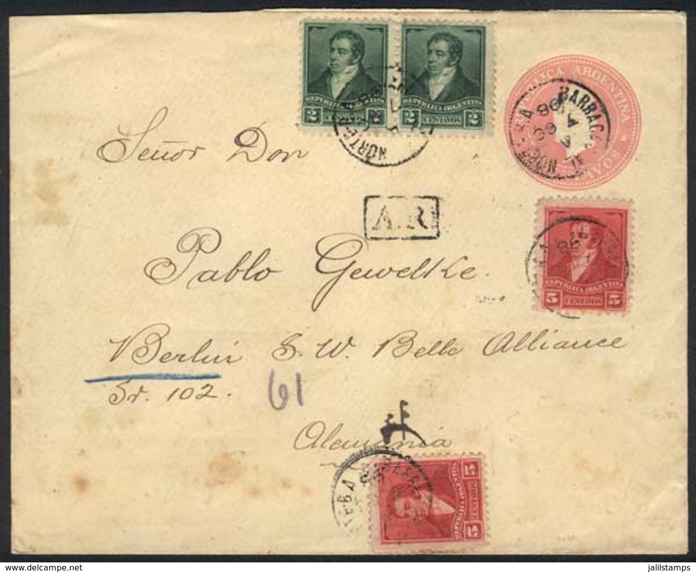 ARGENTINA: 5c. PS Cover + GJ.176 Pair + 178 X2, Sent To Germany With AR, Cancelled BARRACAS AL NORTE 7/OC/1898, VF, Inte - Other & Unclassified