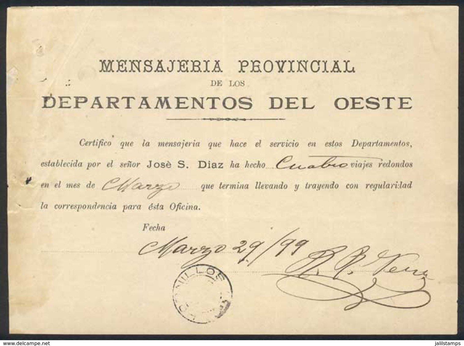 ARGENTINA: Receipt Of The Provincial Messenger Agency "Mensajería Provincial De Los Departamentos Del Oeste", Province O - Other & Unclassified