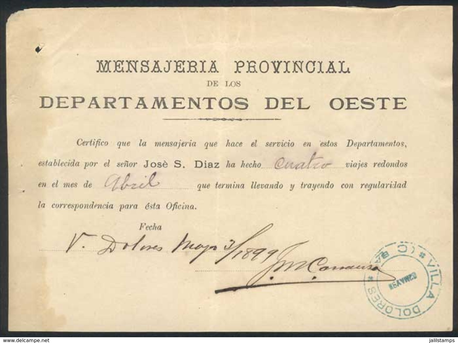 ARGENTINA: Receipt Of The Provincial Messenger Agency "Mensajería Provincial De Los Departamentos Del Oeste", Province O - Other & Unclassified