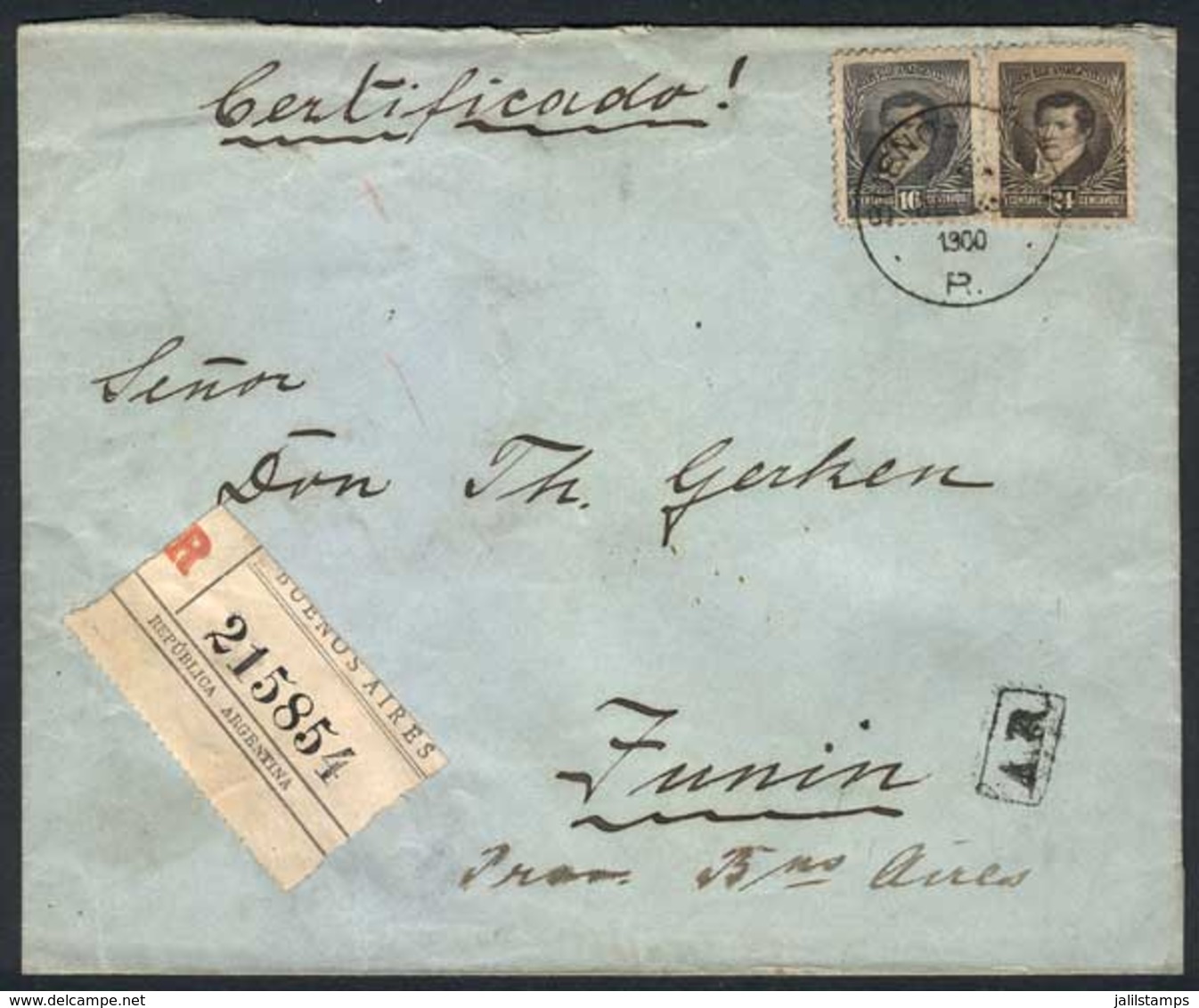 ARGENTINA: Registered Cover Franked By GJ.181 + 182 (total 40c.), Sent With AR From Buenos Aires To Junín On 23/OC/1900, - Other & Unclassified