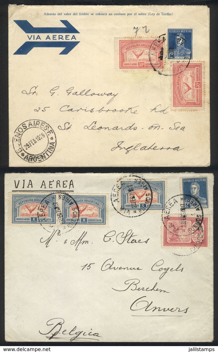 ARGENTINA: POSTAGE ERRORS: 2 Covers Sent To Belgium And England On 29/FE/1928 On FIRST FLIGHT By Aeroposta, The Cover To - Other & Unclassified