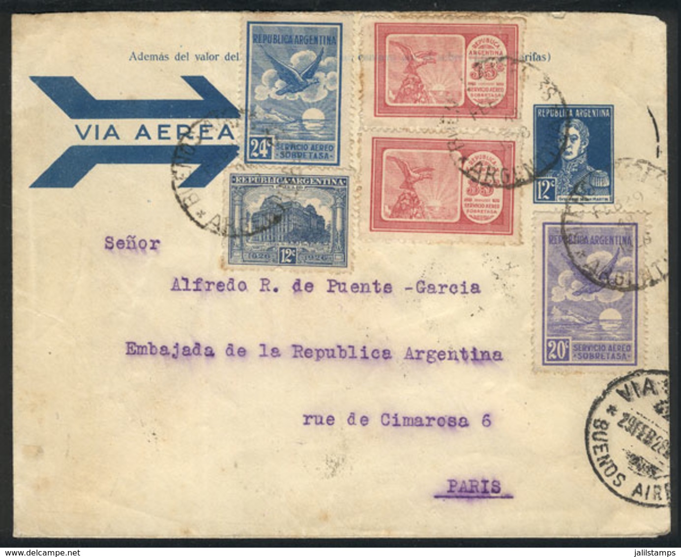 ARGENTINA: 29/FE/1928 Buenos Aires - France: FIRST FLIGHT Of C.G.A., 12c. Stationery Envelope + 1.26P. For Airmail Fee ( - Other & Unclassified
