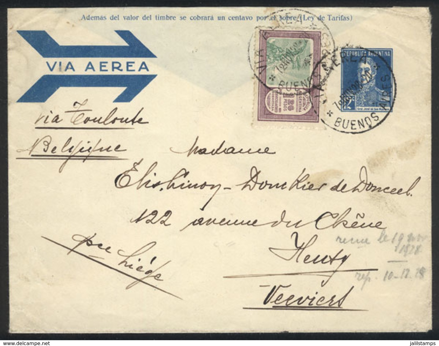 ARGENTINA: 12c. Stationery Airmail Envelope + 1.26P. For Airmail Fee (weight Of 7 Grams), Sent To Verviers (Belgium) On  - Other & Unclassified